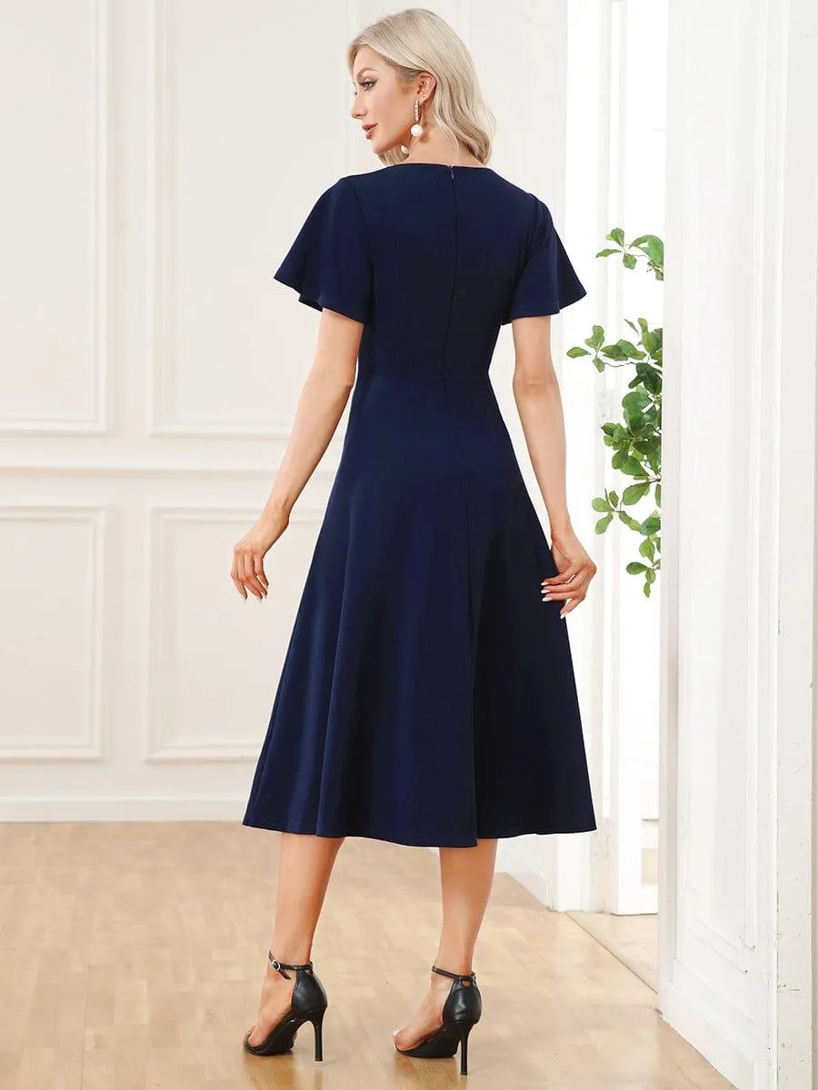 Short Flutter Sleeve V-Neck Midi Mother of the Bride Dress