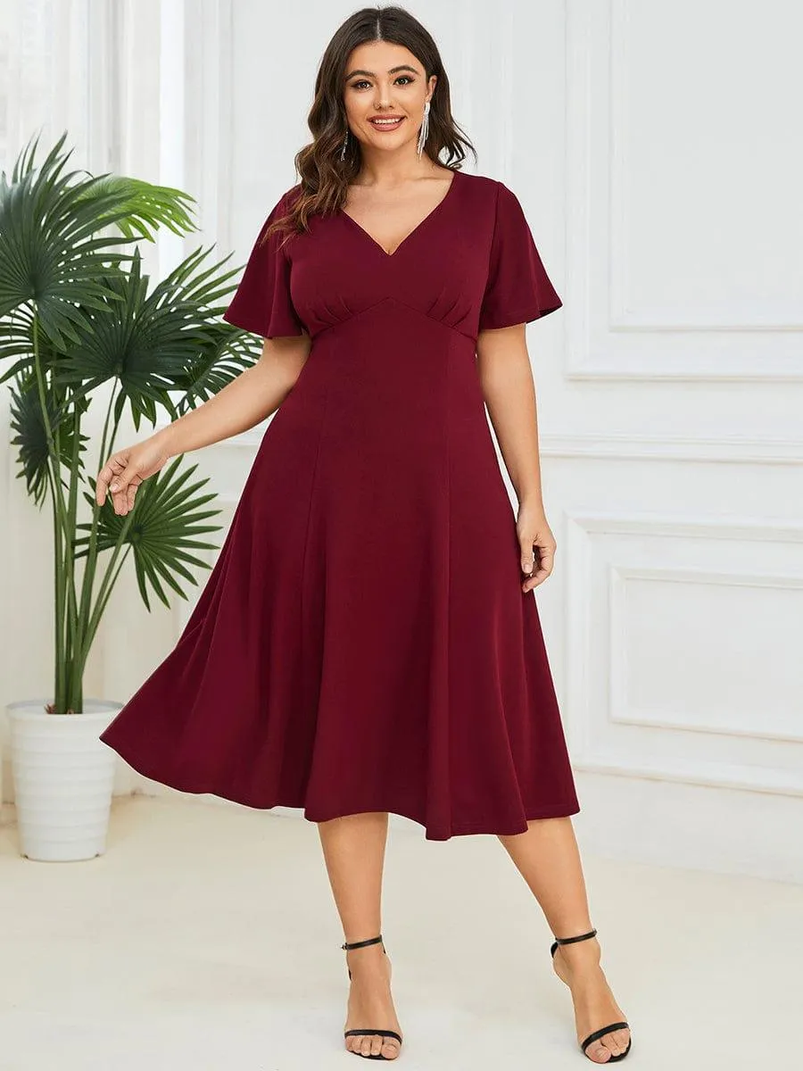 Short Flutter Sleeve V-Neck Midi Mother of the Bride Dress