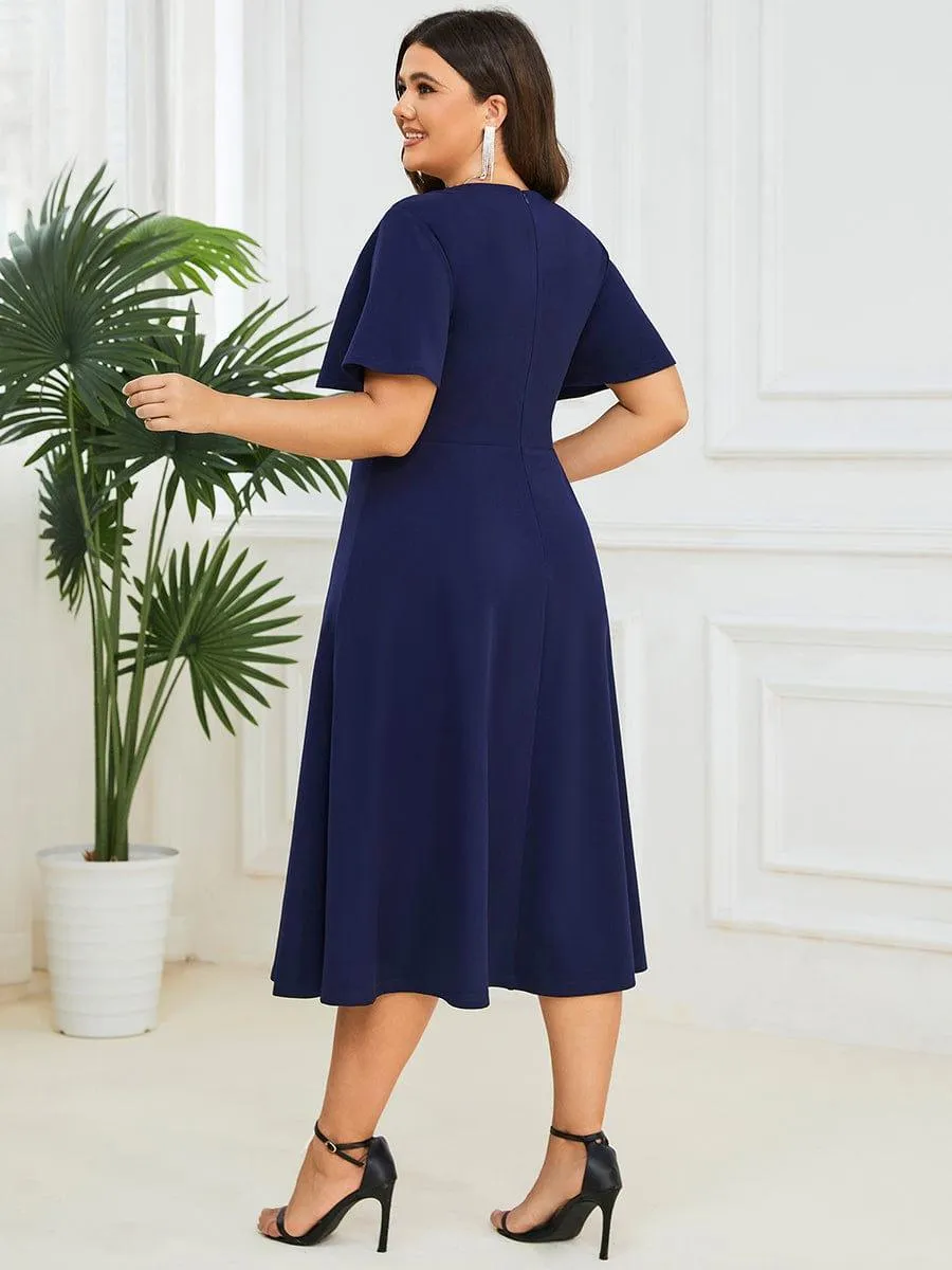 Short Flutter Sleeve V-Neck Midi Mother of the Bride Dress