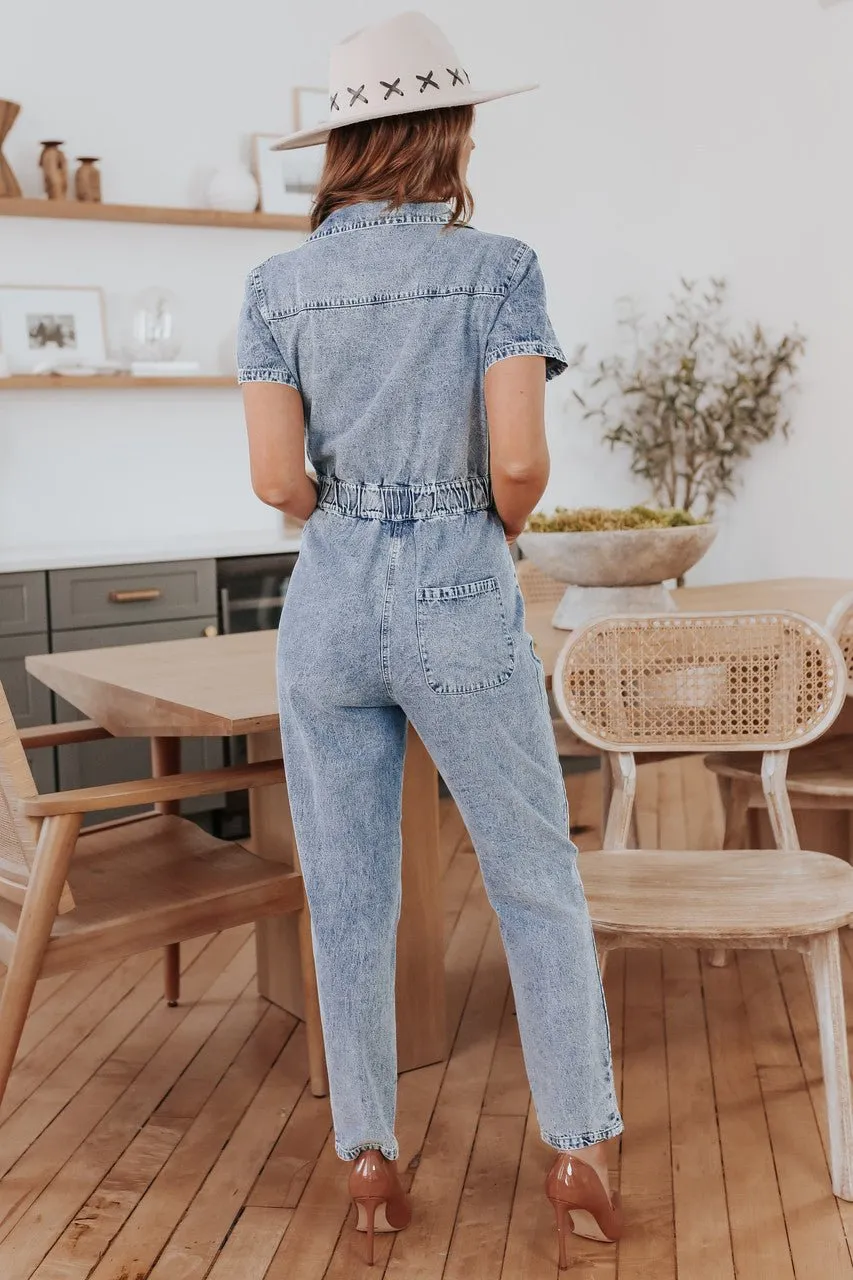 Short Sleeve Medium Wash Jean Jumpsuit - FINAL SALE