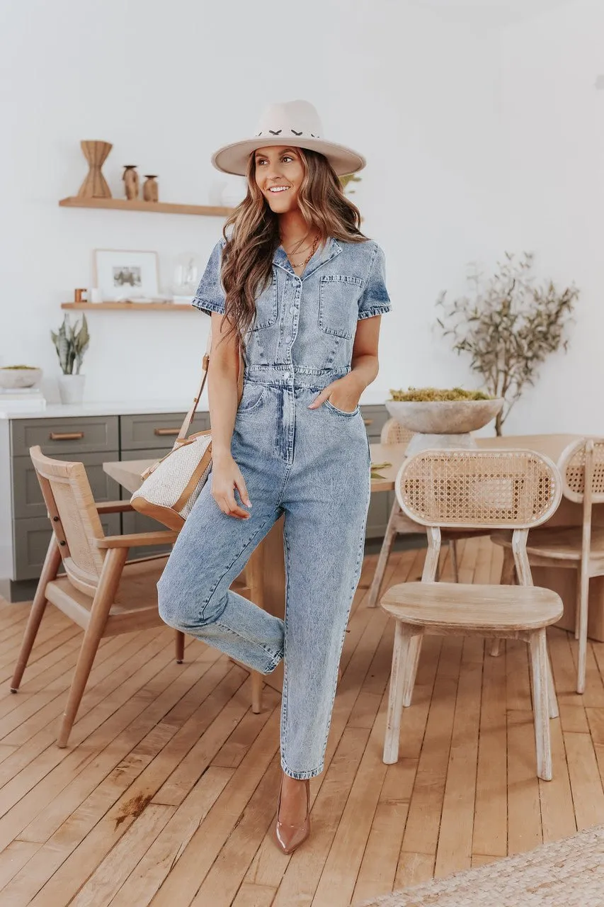 Short Sleeve Medium Wash Jean Jumpsuit - FINAL SALE