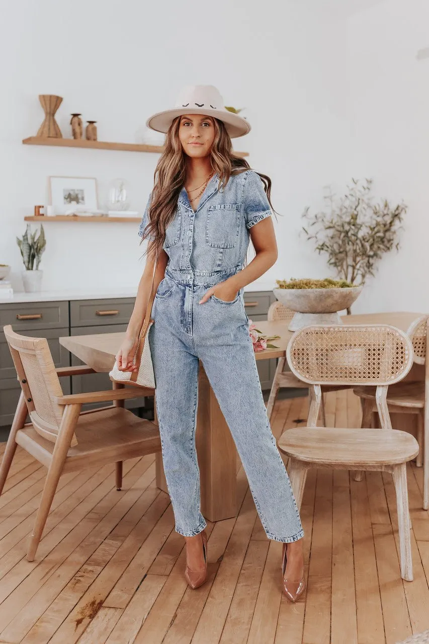 Short Sleeve Medium Wash Jean Jumpsuit - FINAL SALE