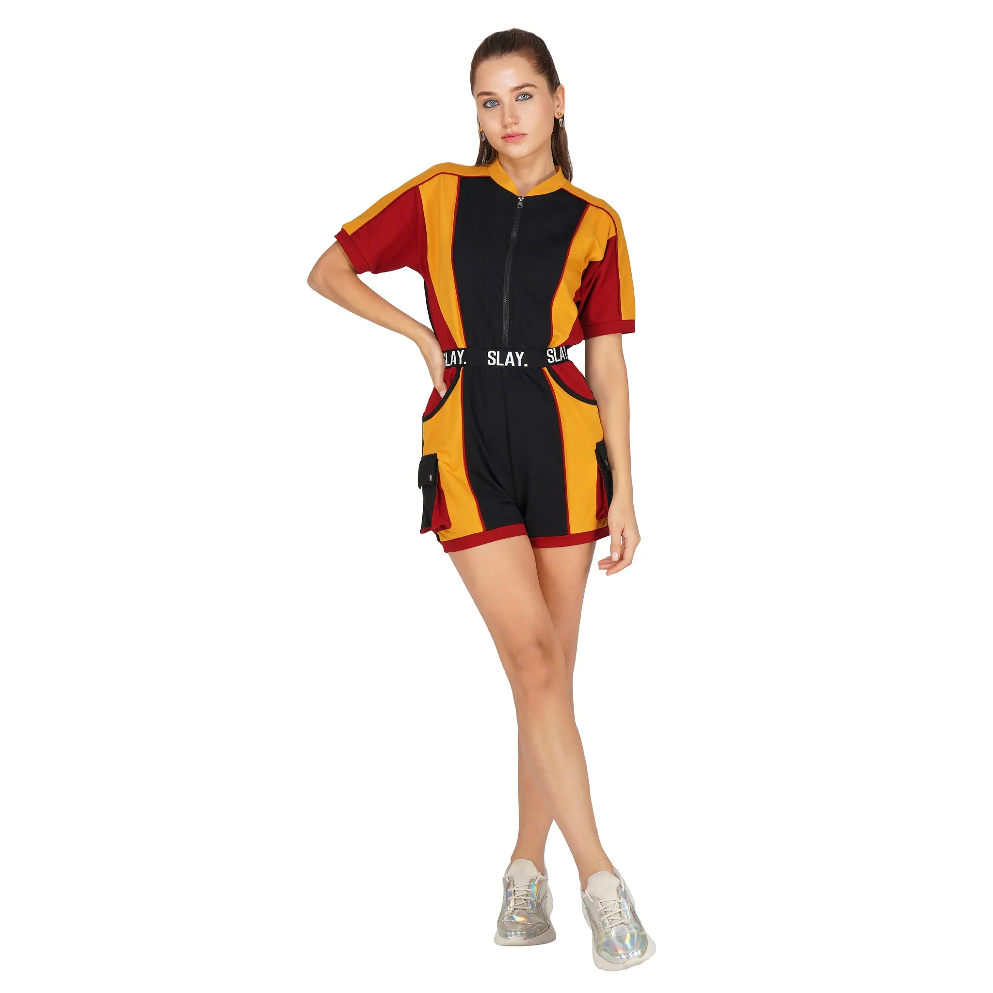 SLAY. Women's Colorblock Romper Black Red Yellow