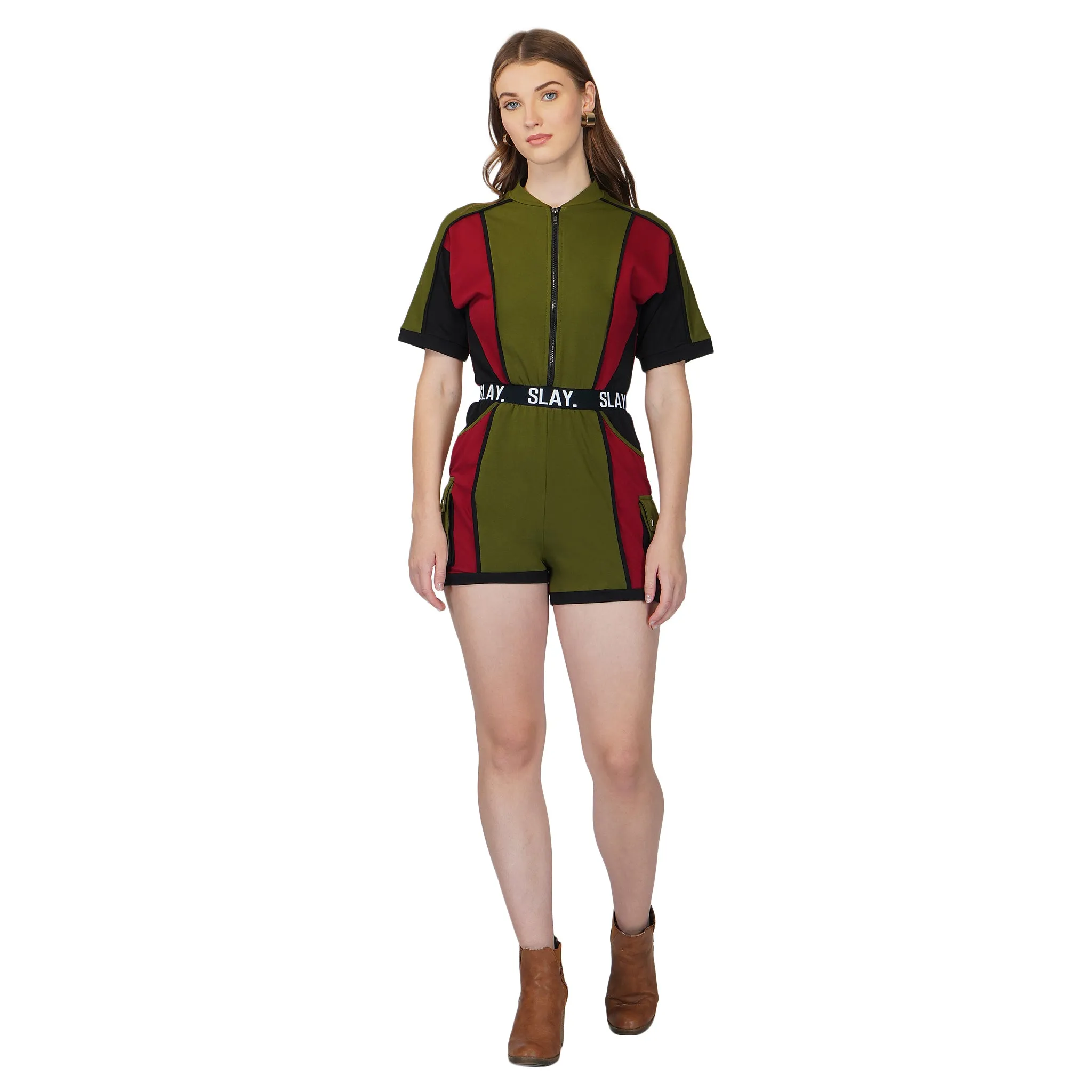 SLAY. Women's Colorblock Romper Olive Green Red Black