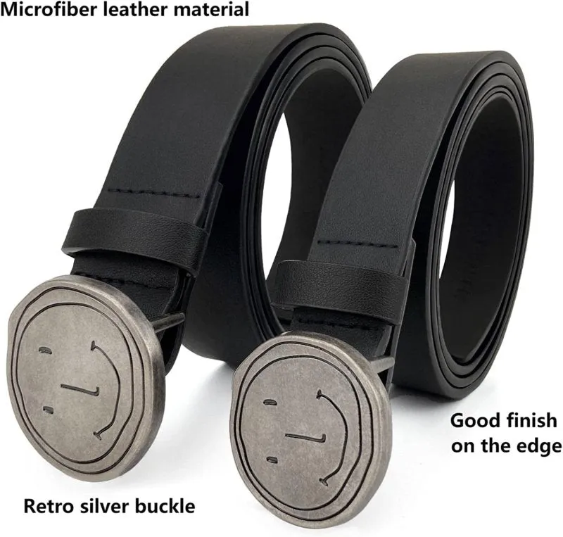 Smile Face Women'S Men'S Faux Leather Belts Fashion Couples Waist Belts for Jeans Dresses with Retro Silver Buckle