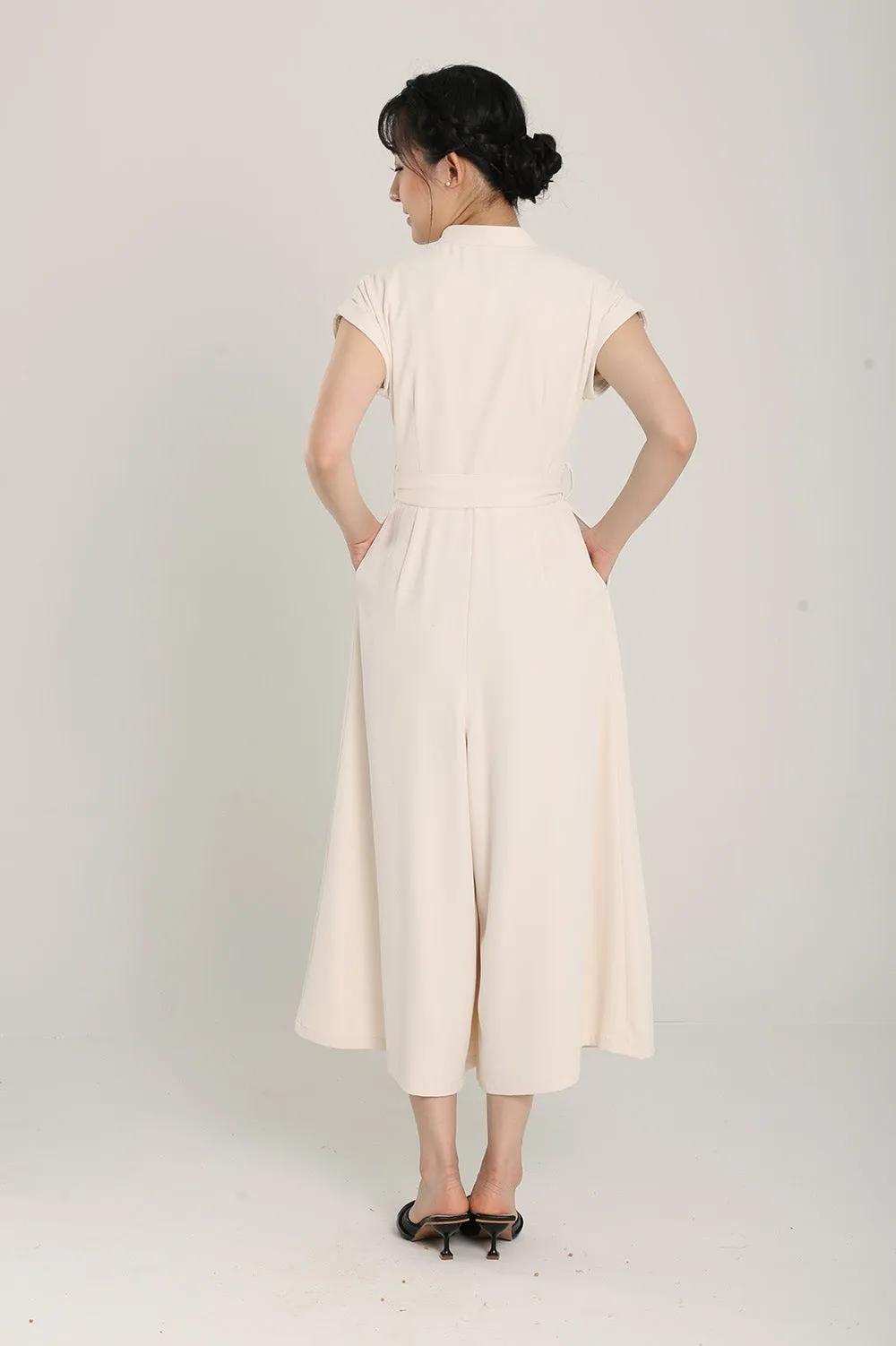 Sofina Sashed Jumpsuit in Beige