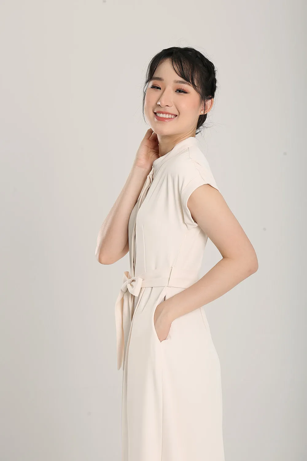 Sofina Sashed Jumpsuit in Beige