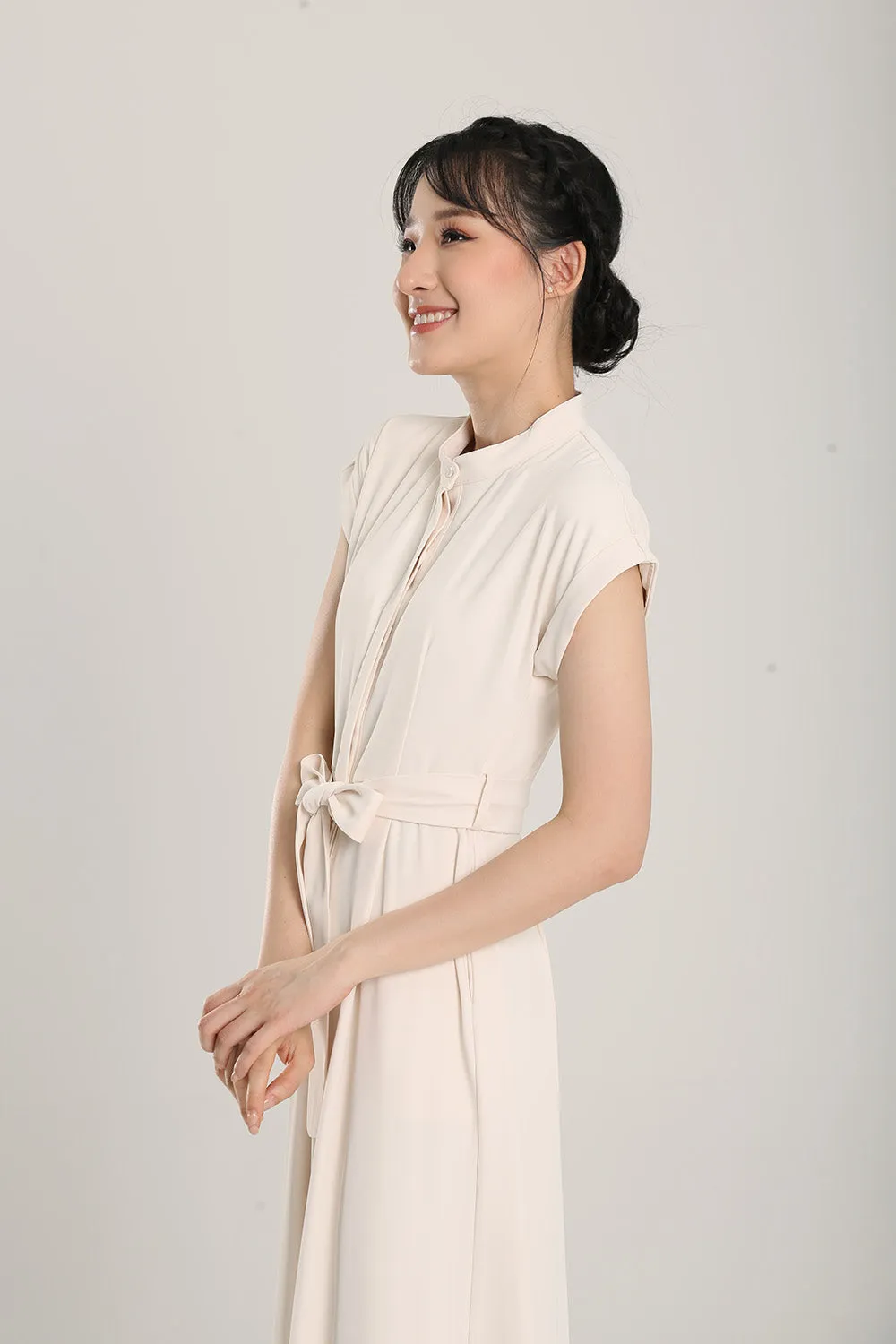 Sofina Sashed Jumpsuit in Beige