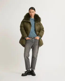 Stand collar down jacket with fluffy lambswool trim