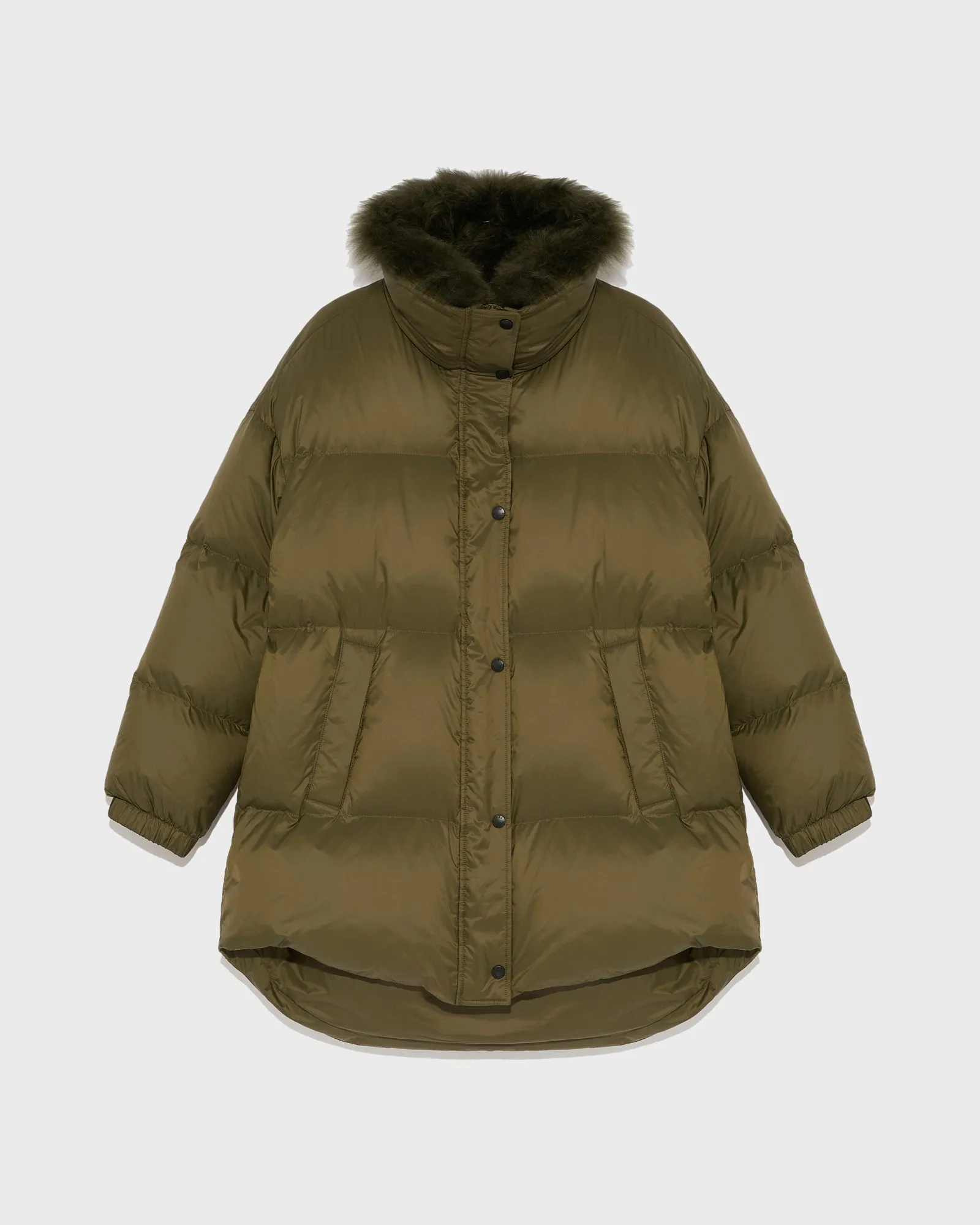 Stand collar down jacket with fluffy lambswool trim