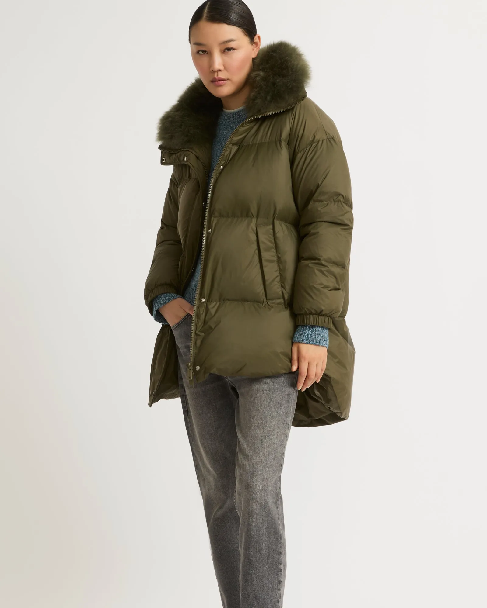 Stand collar down jacket with fluffy lambswool trim