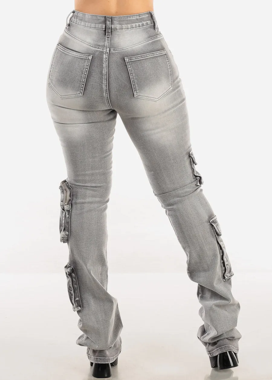 Stretchy High Waist Cargo Stacked Leg Jeans Grey