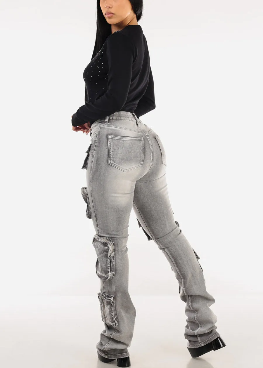 Stretchy High Waist Cargo Stacked Leg Jeans Grey