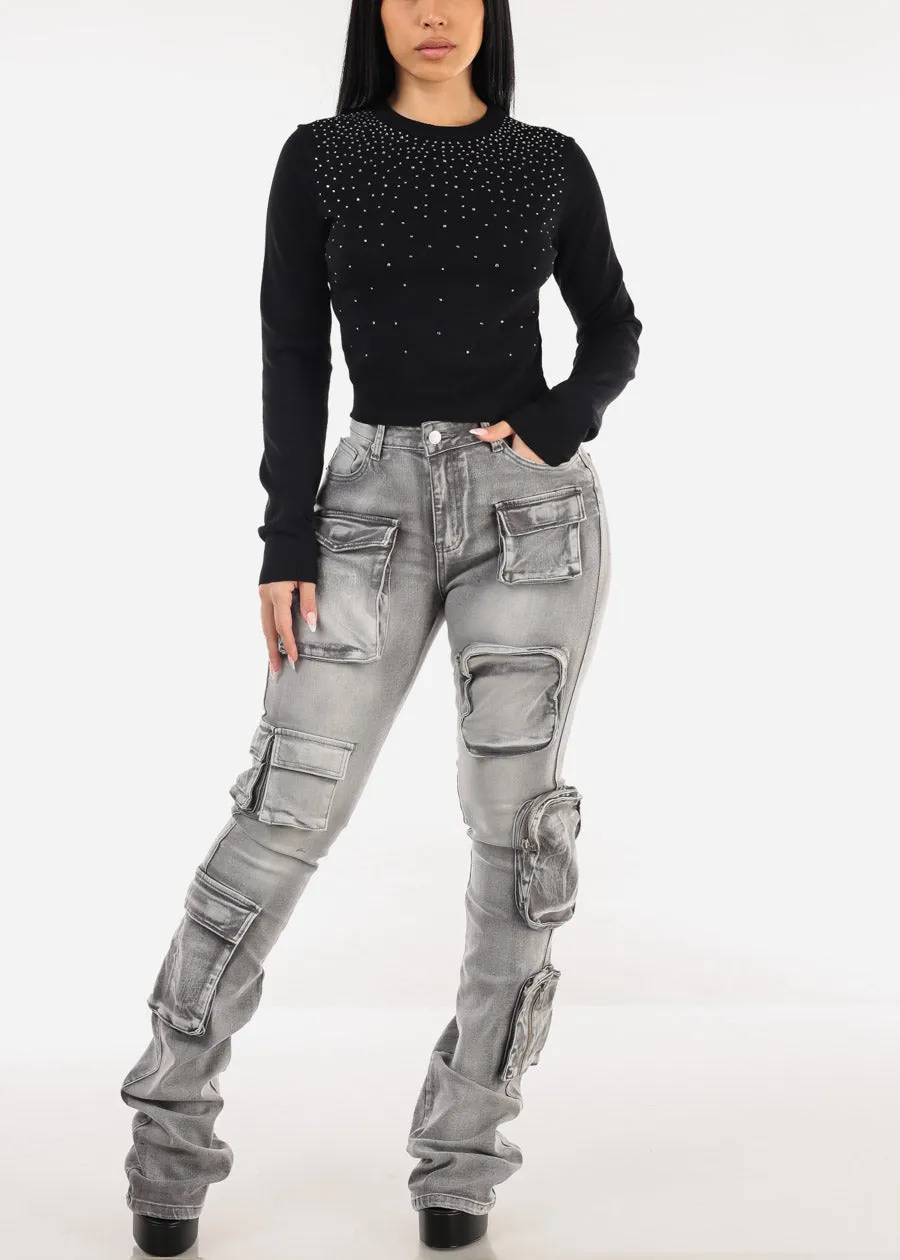 Stretchy High Waist Cargo Stacked Leg Jeans Grey