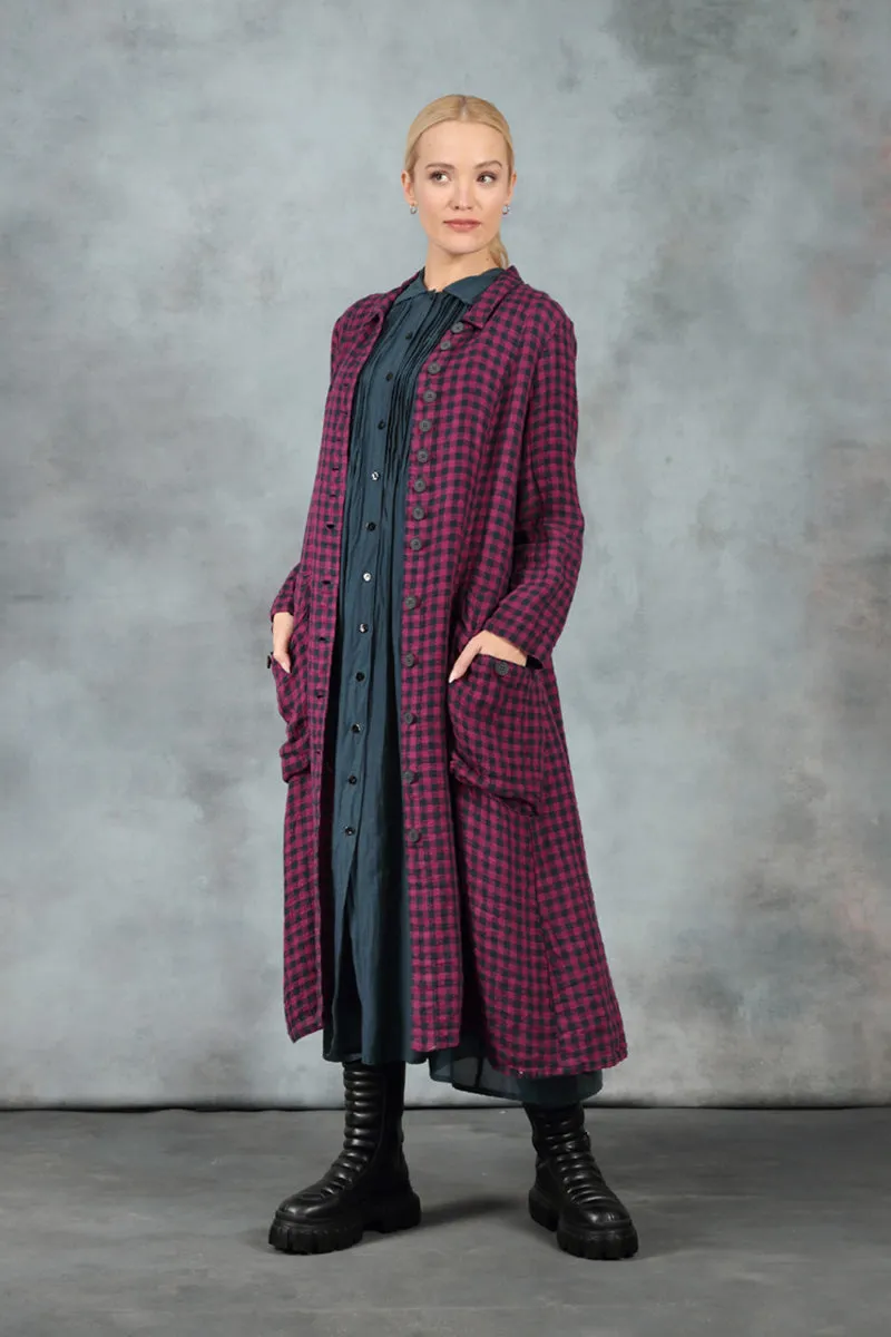 Stylish Long Magenta Check Linen Jacket