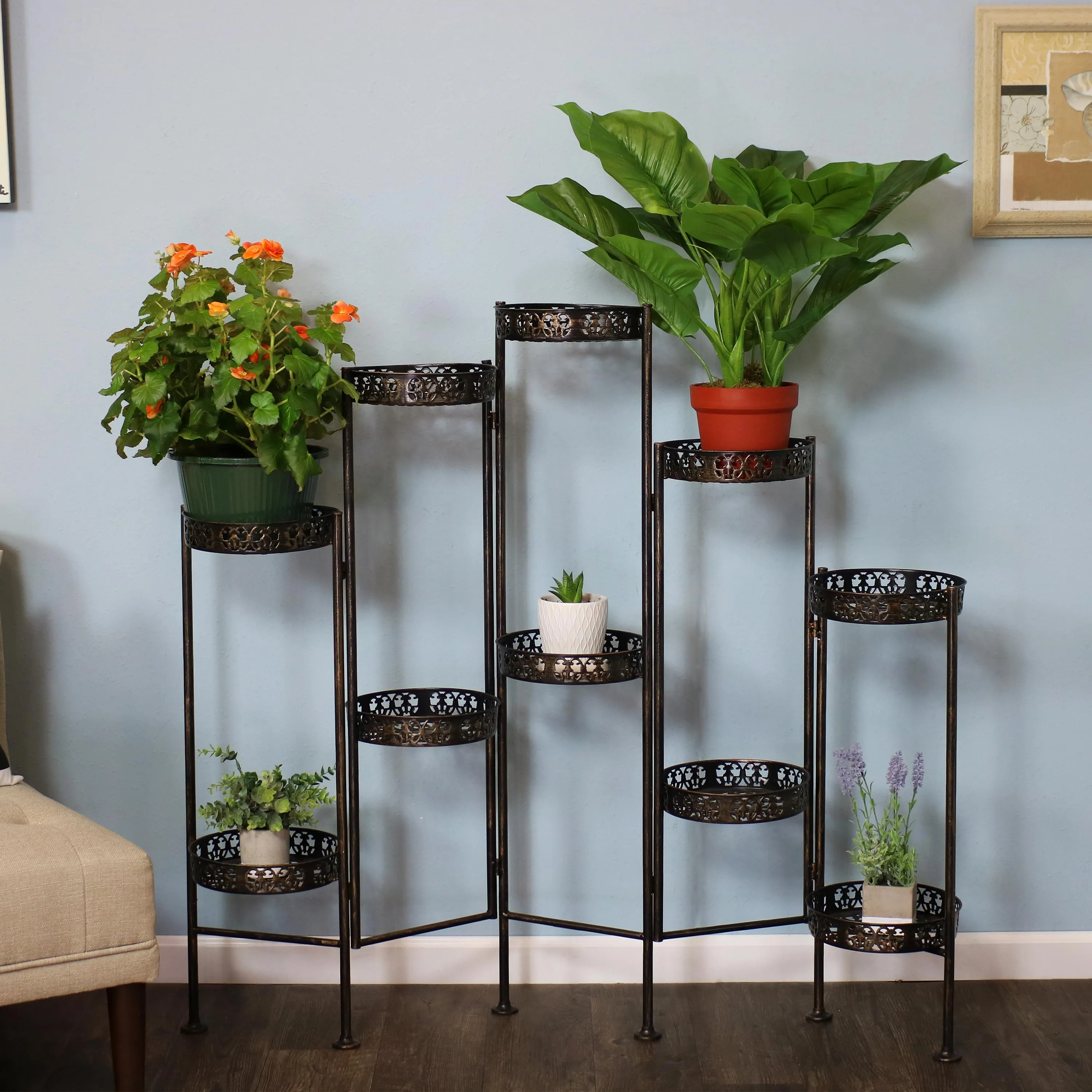 Sunnydaze 10-Tier Bronze Steel Indoor and Outdoor Folding Plant Stand - 46"