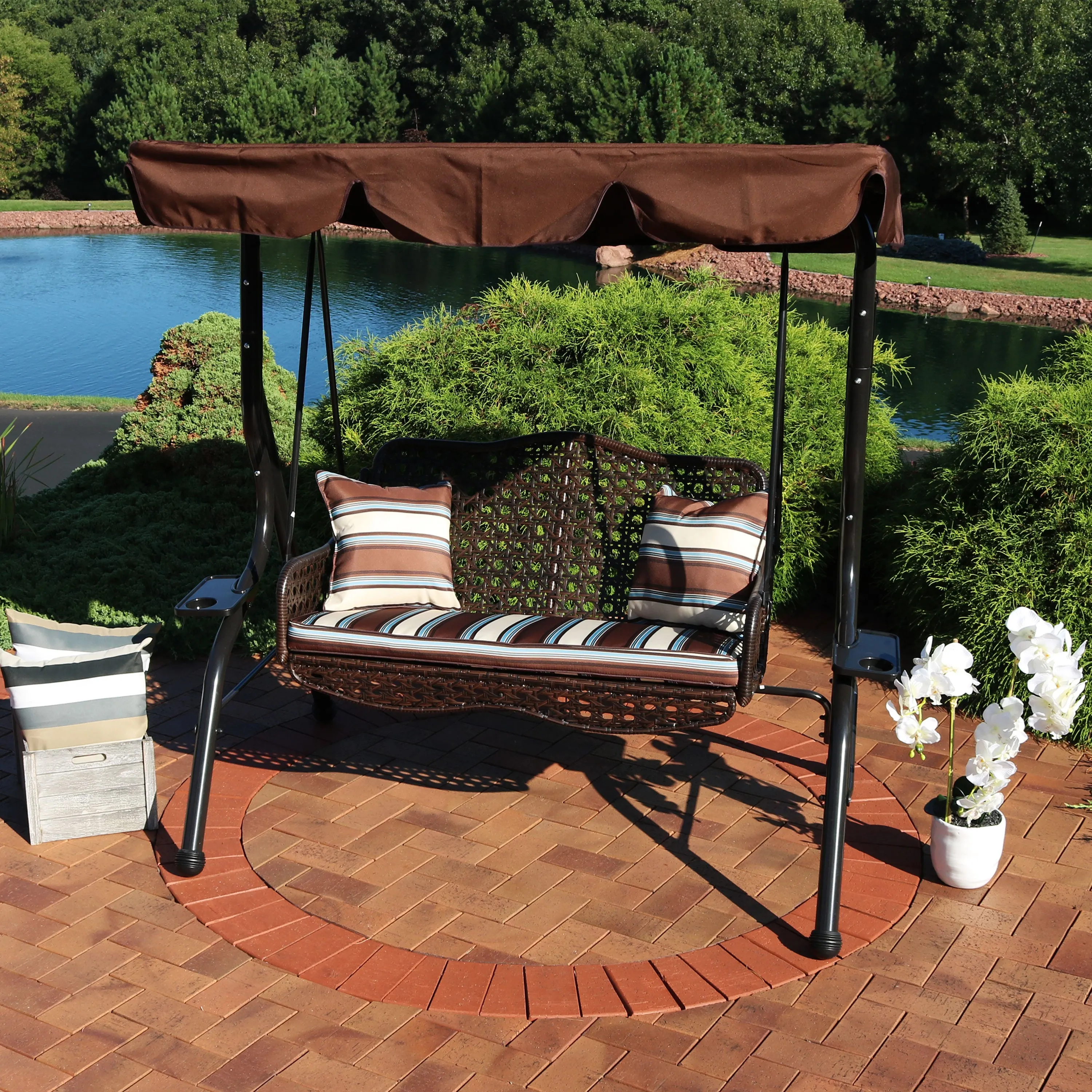 Sunnydaze 2-Person Outdoor Patio Swing with Side Tables - Brown Stripe Cushions and Pillow