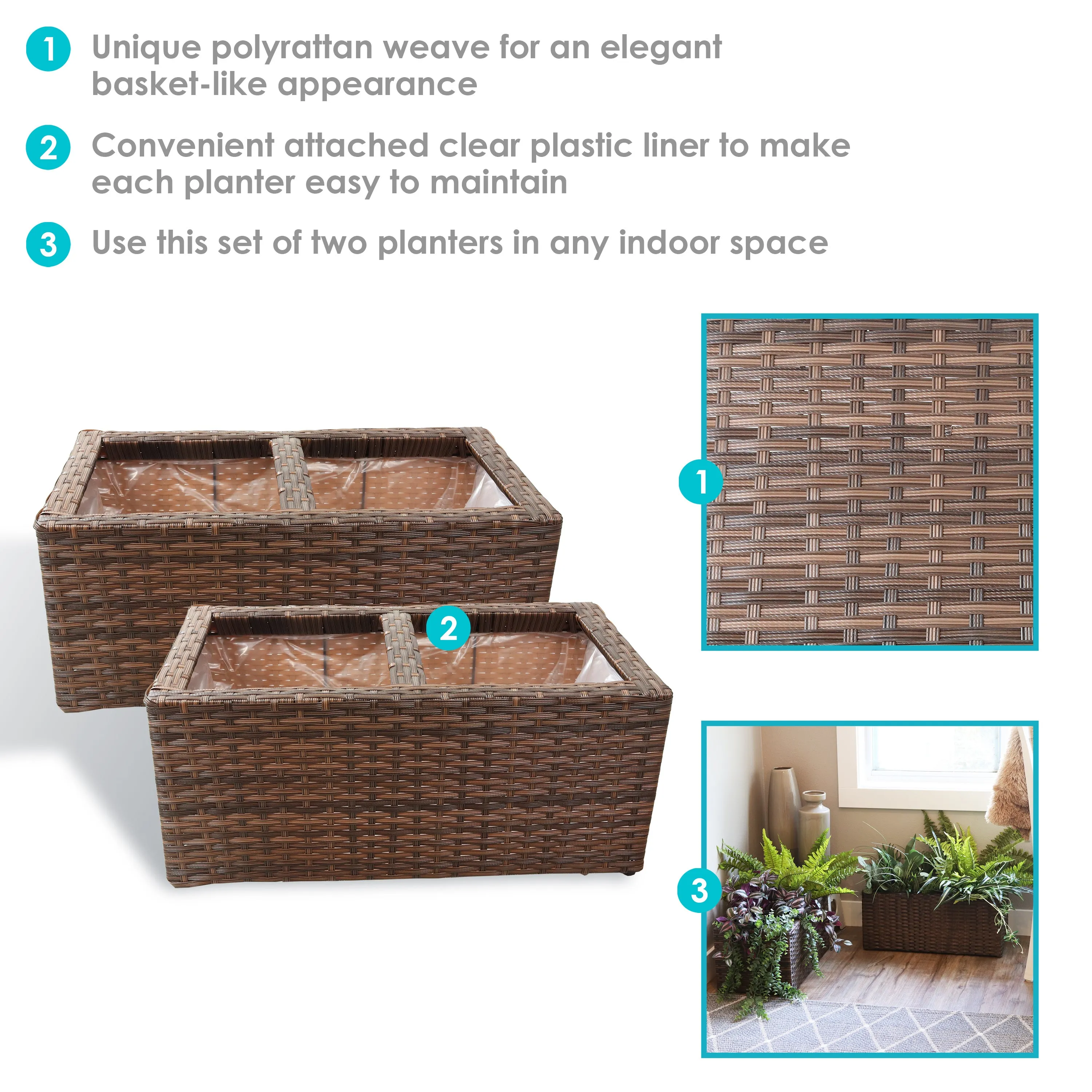 Sunnydaze 2-Section Polyrattan Rectangle Indoor Planters - Set of 2