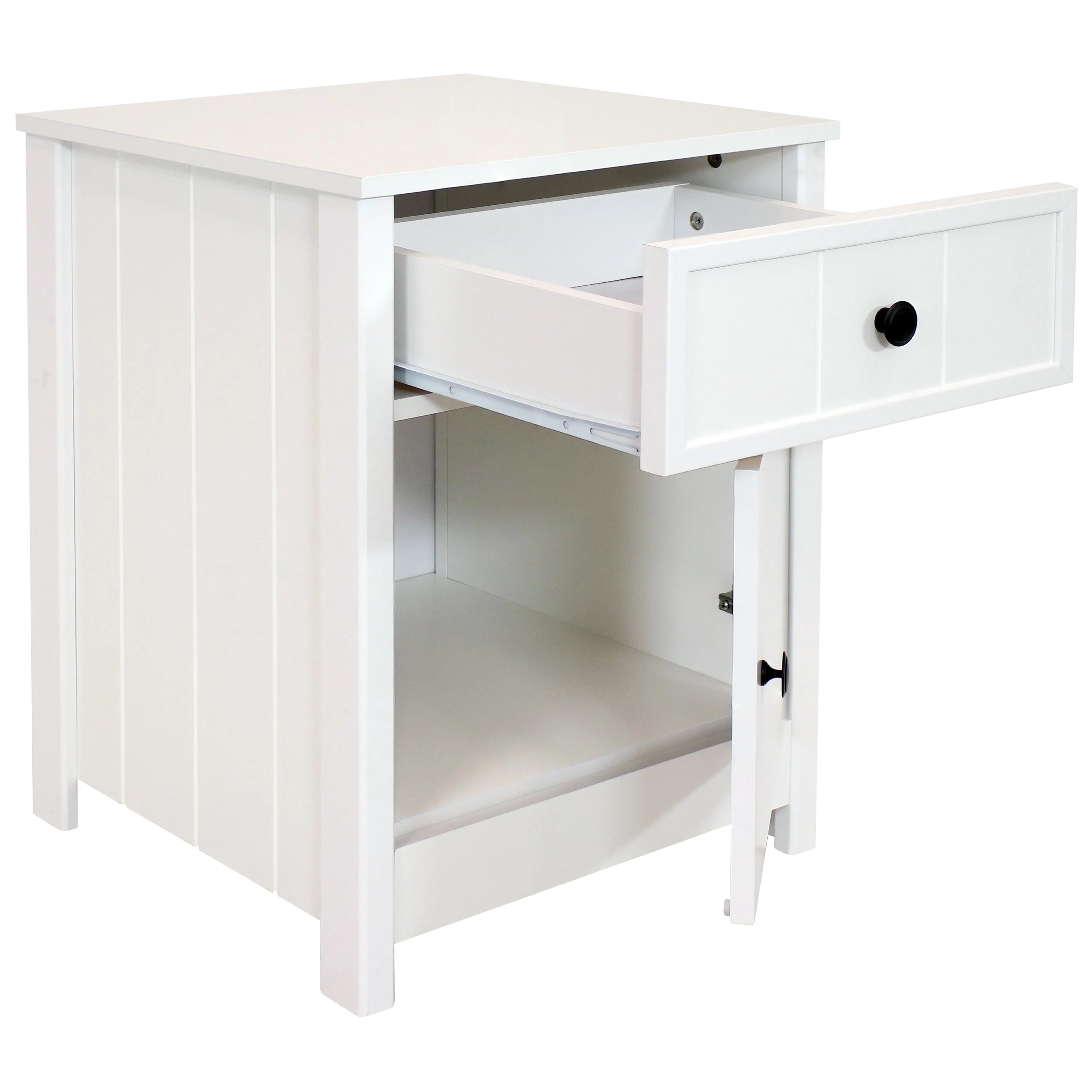 Sunnydaze Beadboard Nightstand Side Table with Drawer and Cabinet - White