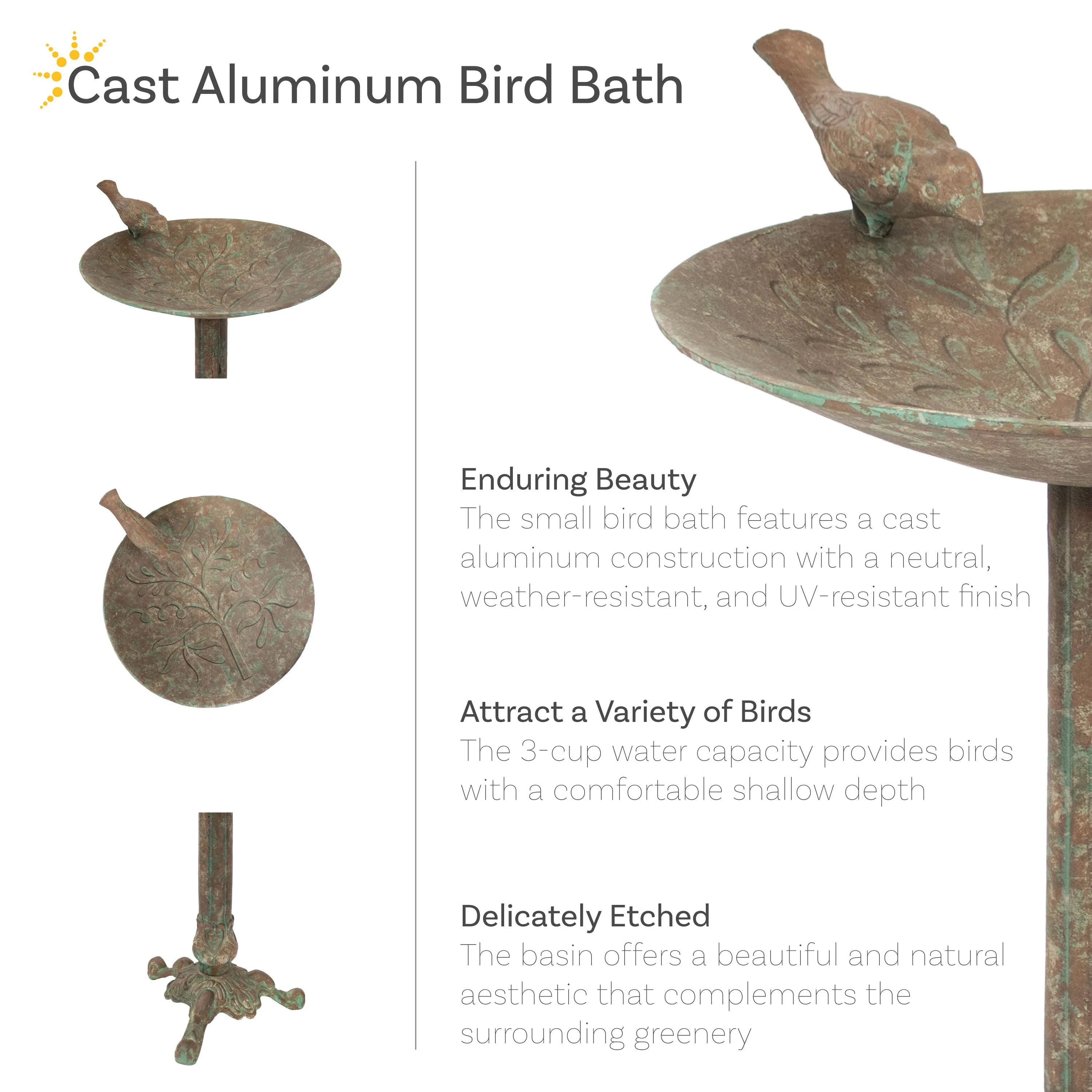 Sunnydaze Ivy and Sage Metal Bird Bath - Rustic Patina - 12.25"