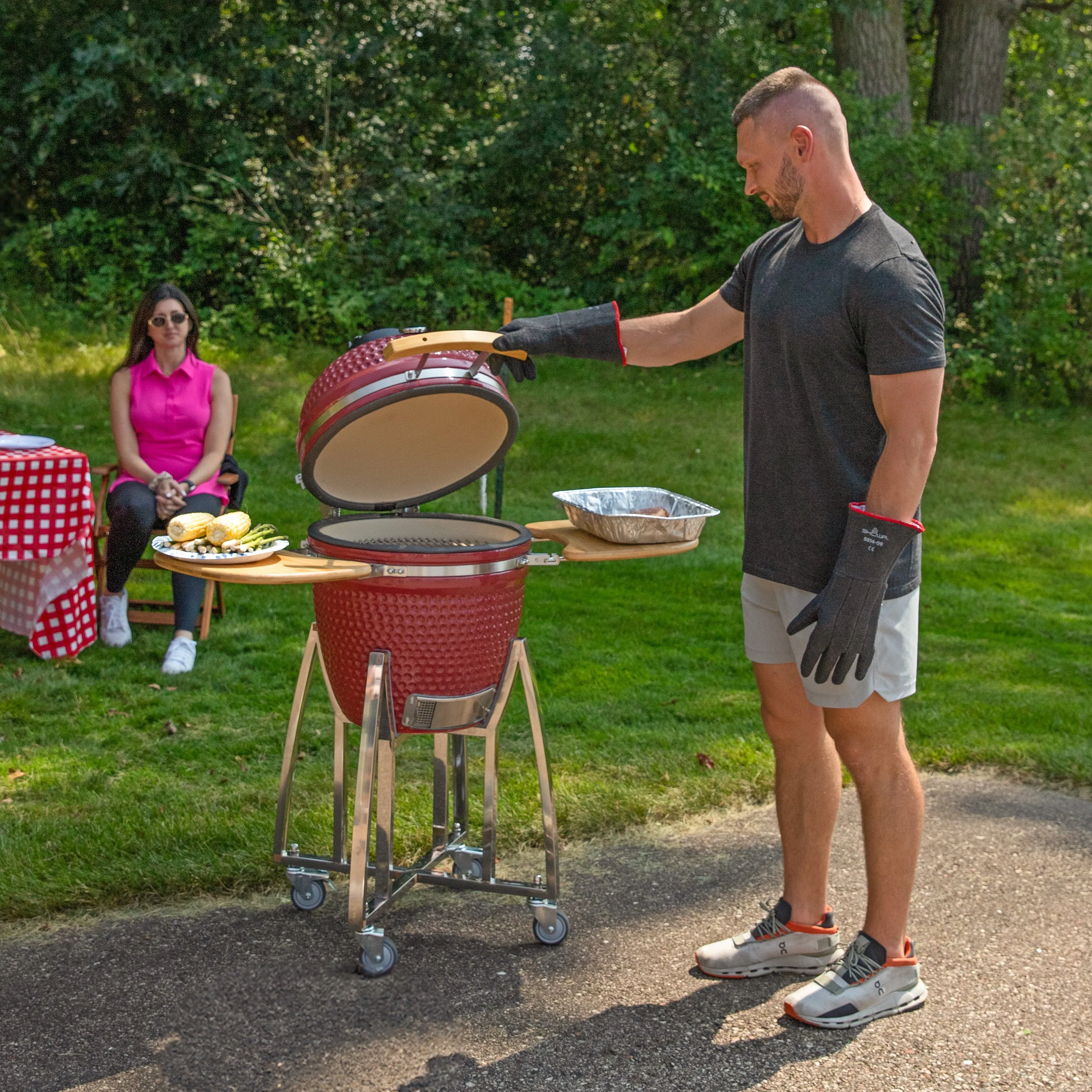 Sunnydaze Kamado Charcoal Grill and Smoker with Side Tables and Wheels