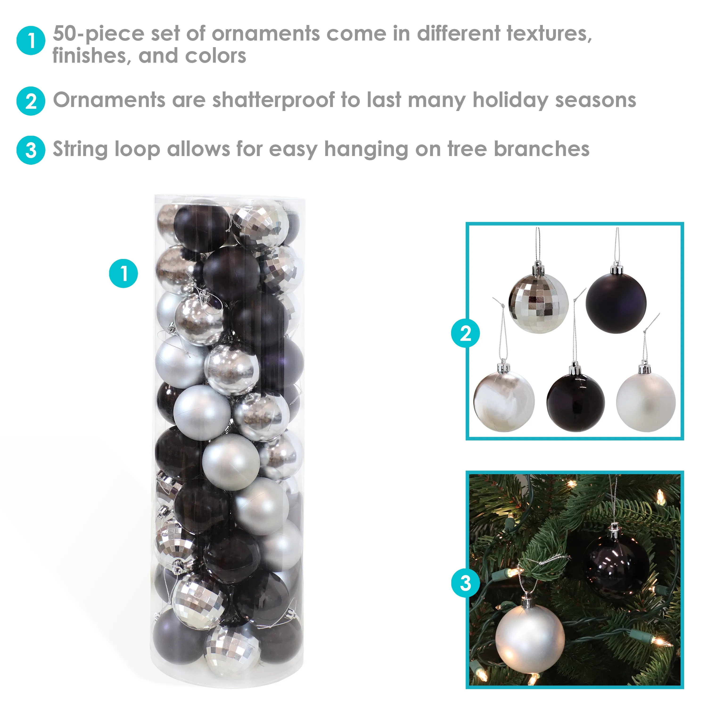 Sunnydaze Modern Holiday 50pc Christmas Ornament Balls - Black and Silver