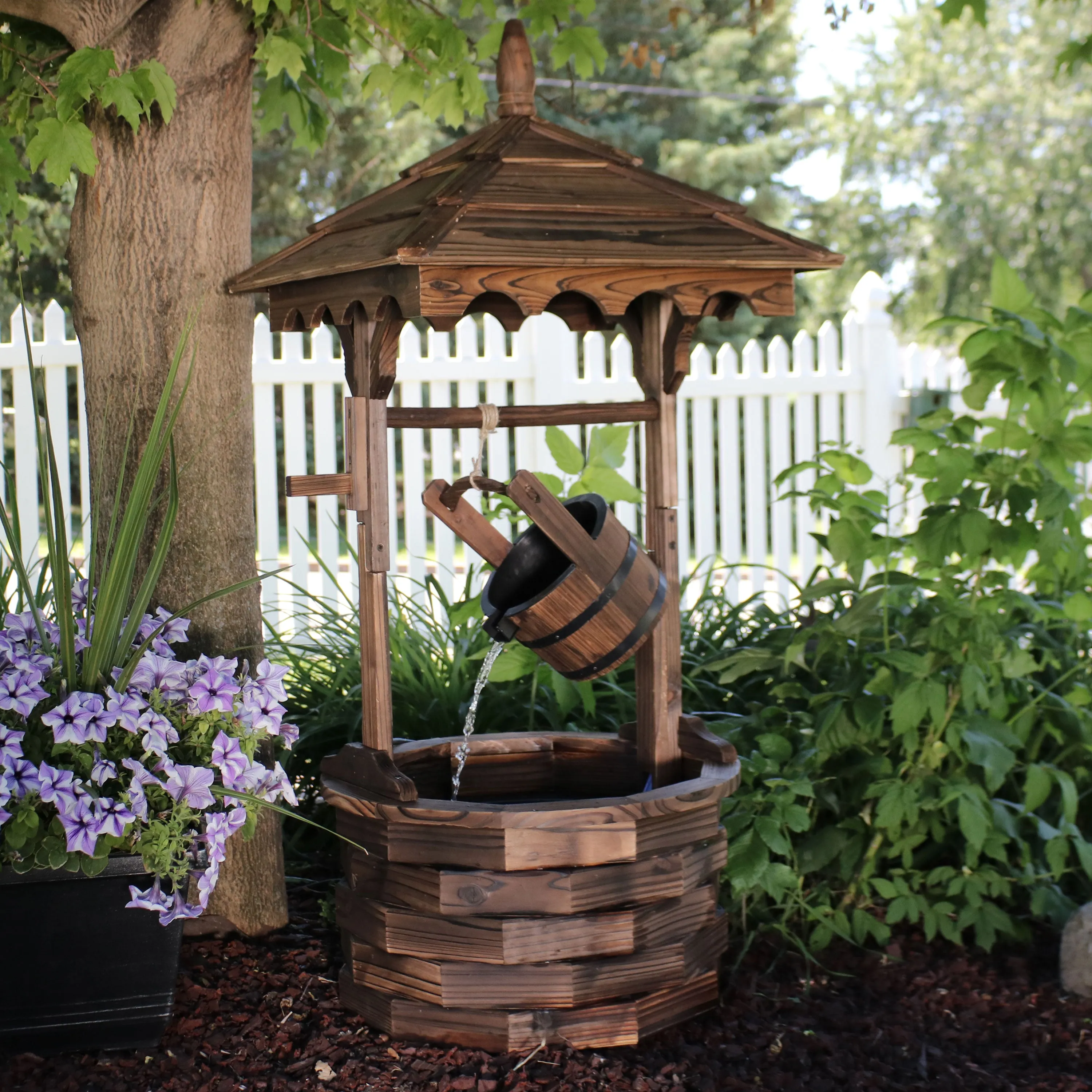 Sunnydaze Old-Fashioned Wood Wishing Well Fountain with Liner - 48" H