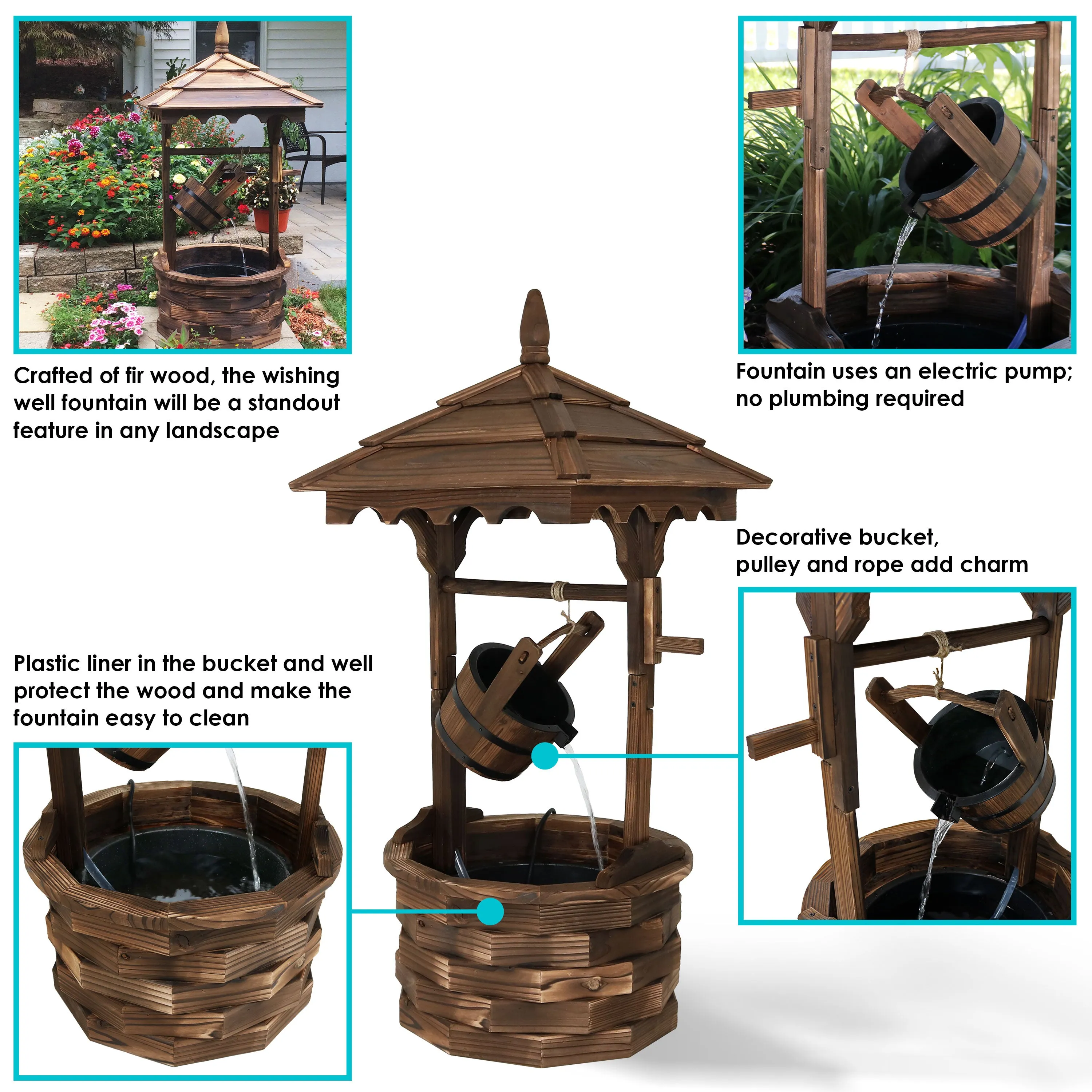 Sunnydaze Old-Fashioned Wood Wishing Well Fountain with Liner - 48" H