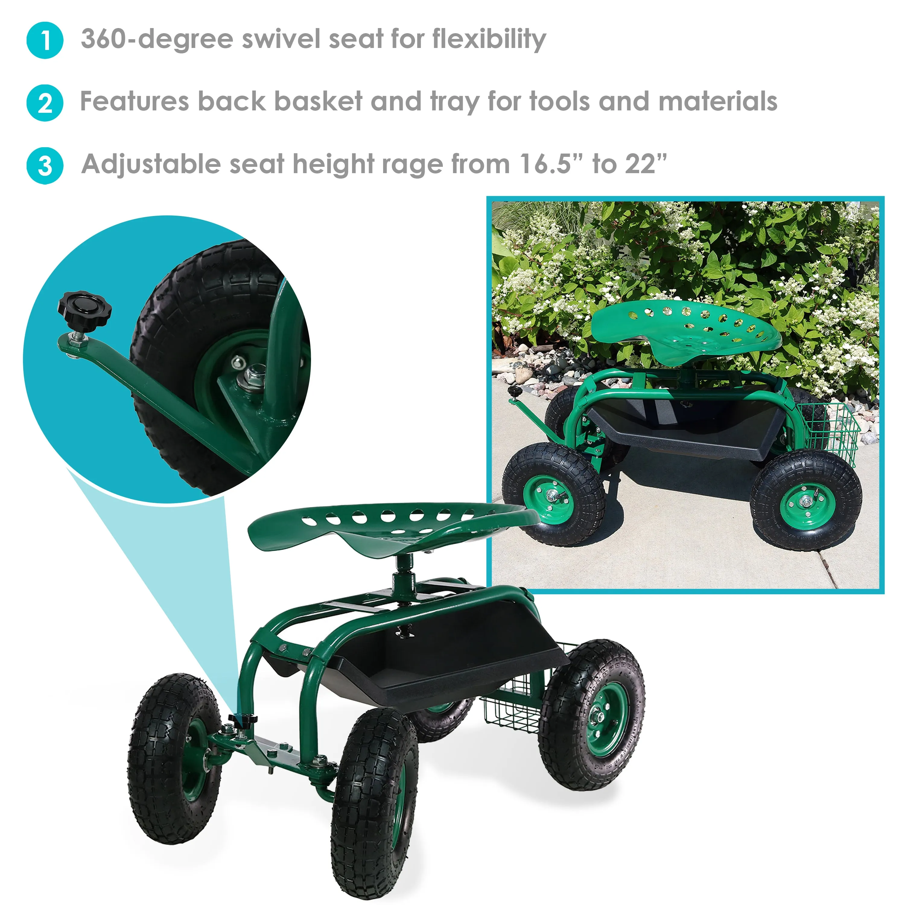 Sunnydaze Rolling Garden Cart with Work Seat and Steering Handle