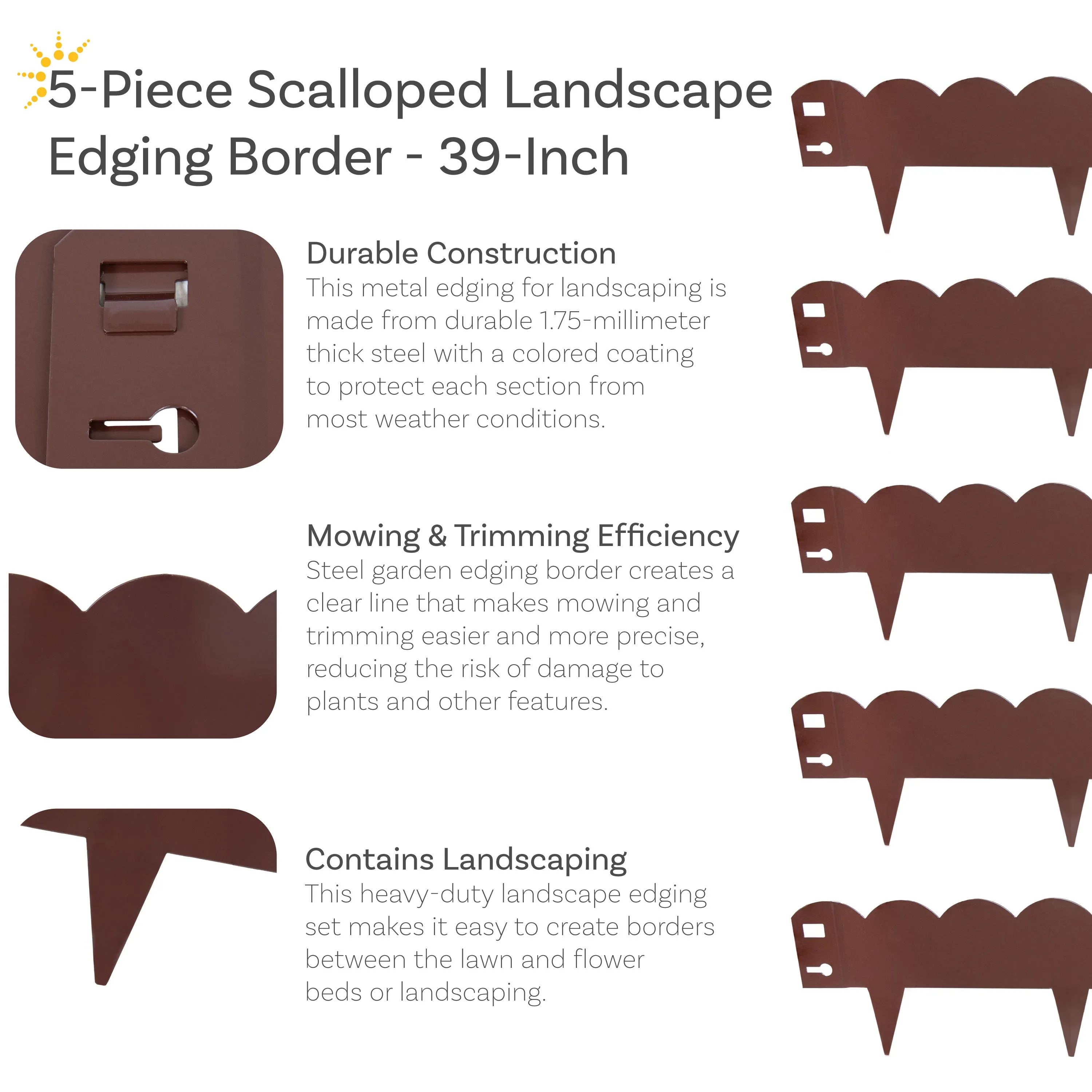 Sunnydaze Scalloped Metal Landscape Edging - Set of 5 - 41.75" Sections