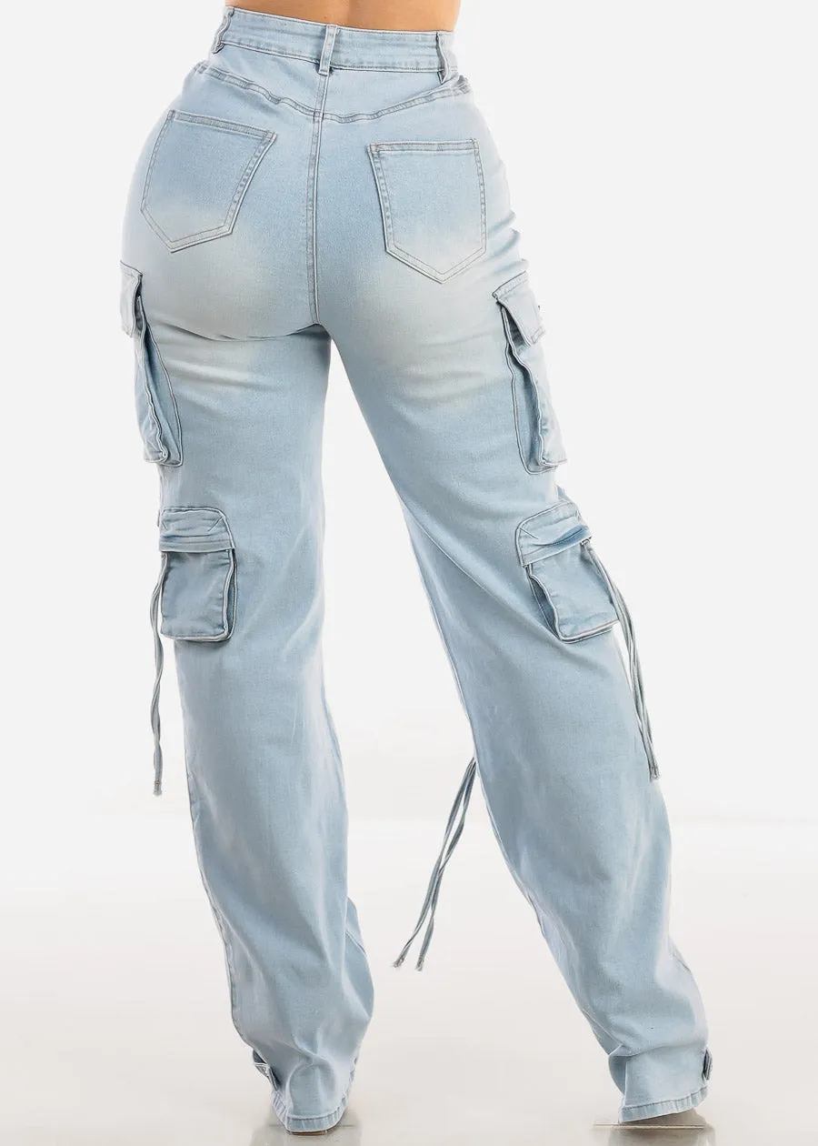 Super High Waist Light Wash Stretchy Cargo Jeans