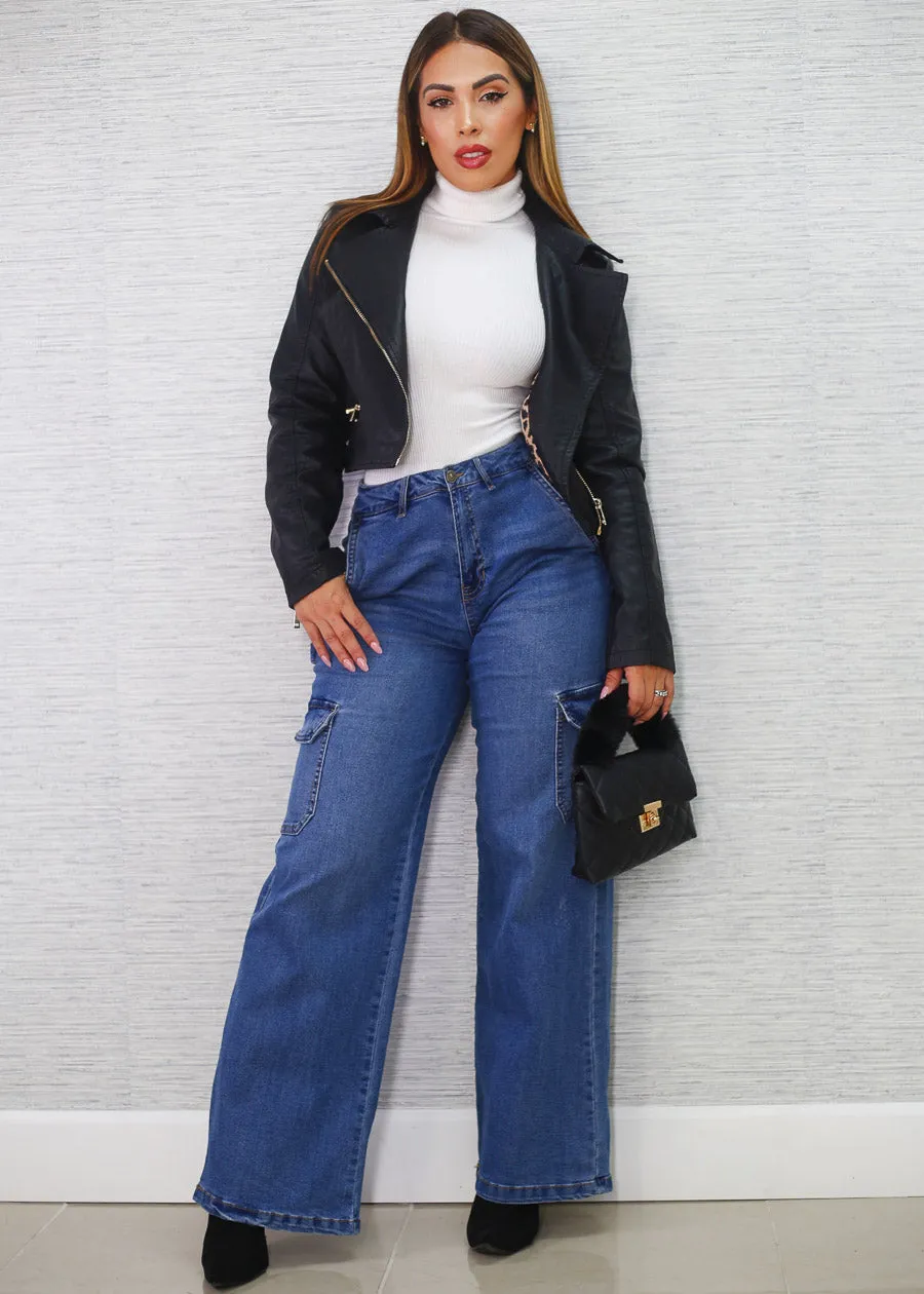 Super High Waist Wide Leg Cargo Jeans Med Wash