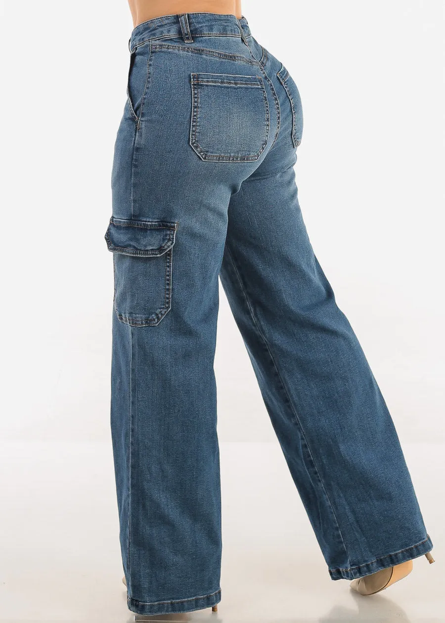 Super High Waist Wide Leg Cargo Jeans Med Wash