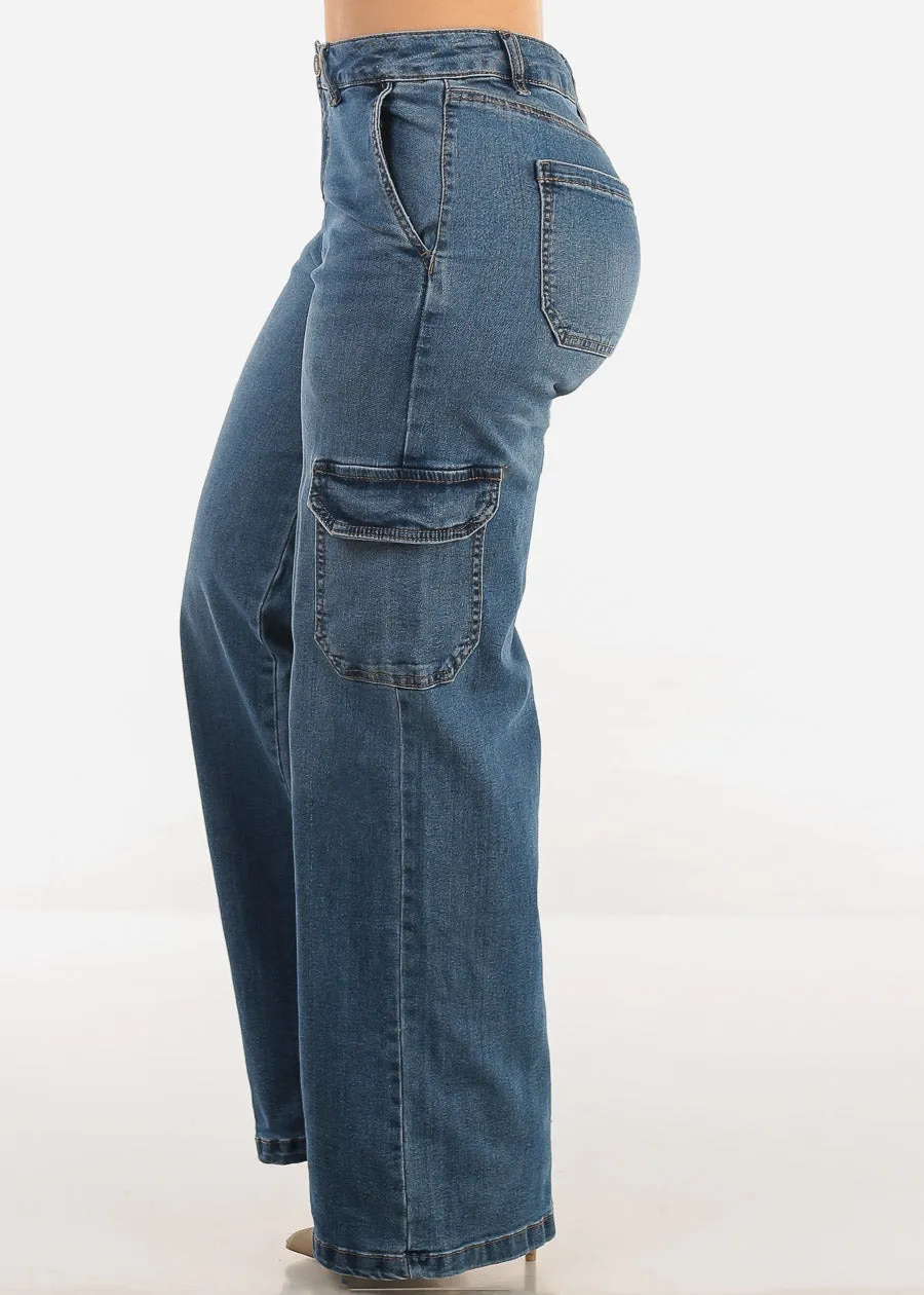 Super High Waist Wide Leg Cargo Jeans Med Wash