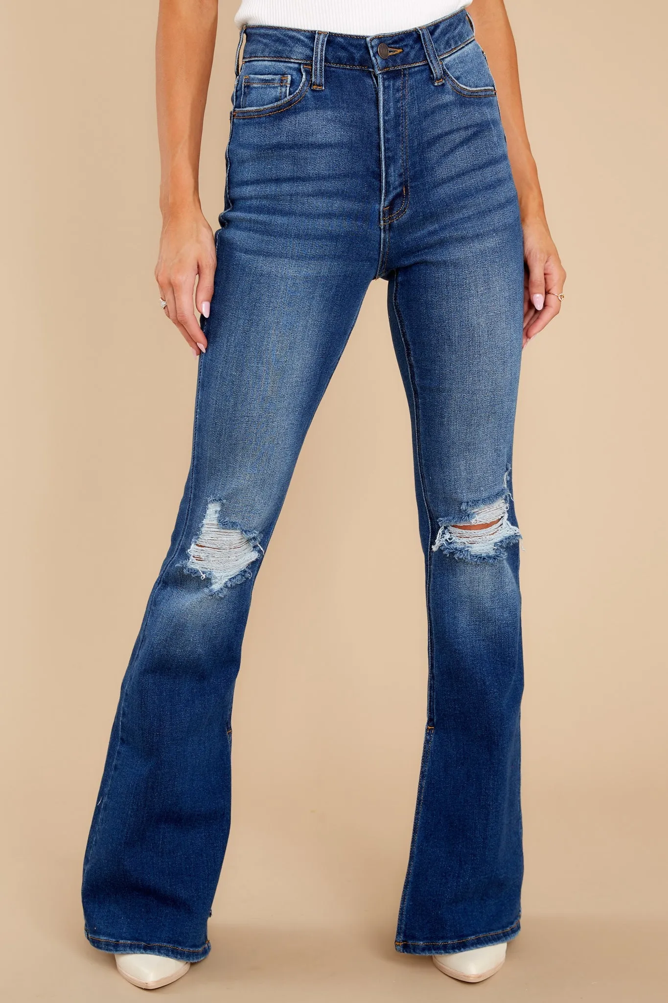 Surprise Them Dark Wash Distressed Flare Jeans