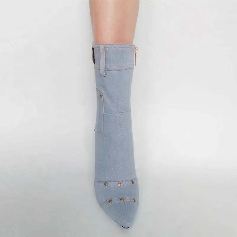 Trend4us Chic Denim Stiletto Ankle Boots