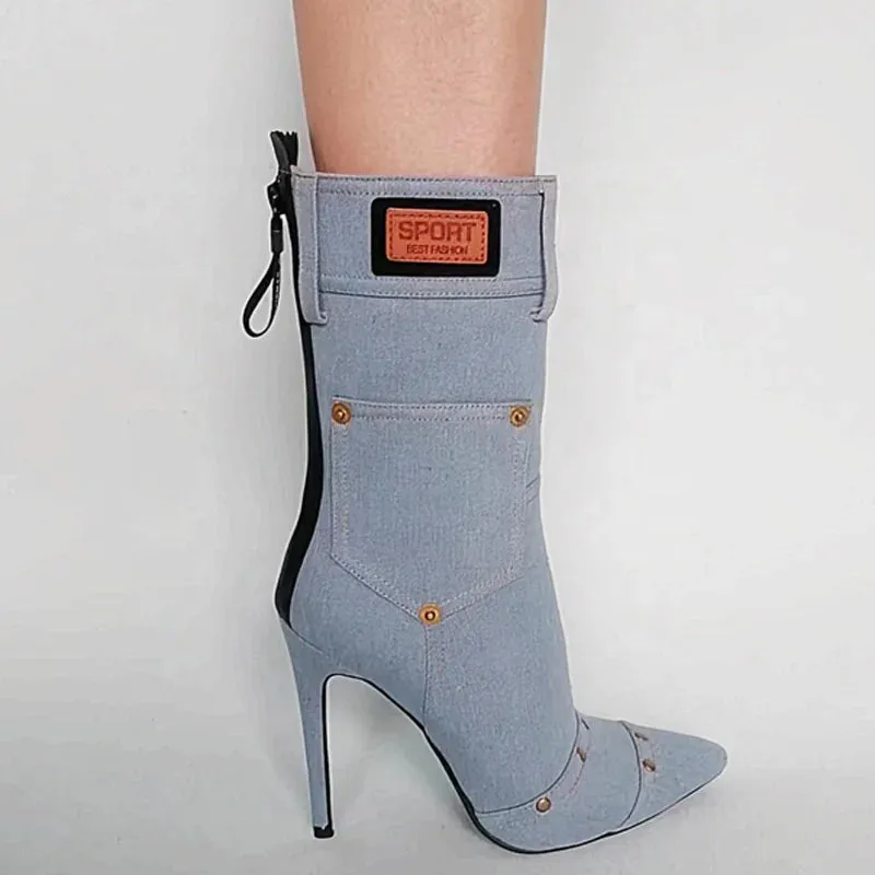 Trend4us Chic Denim Stiletto Ankle Boots