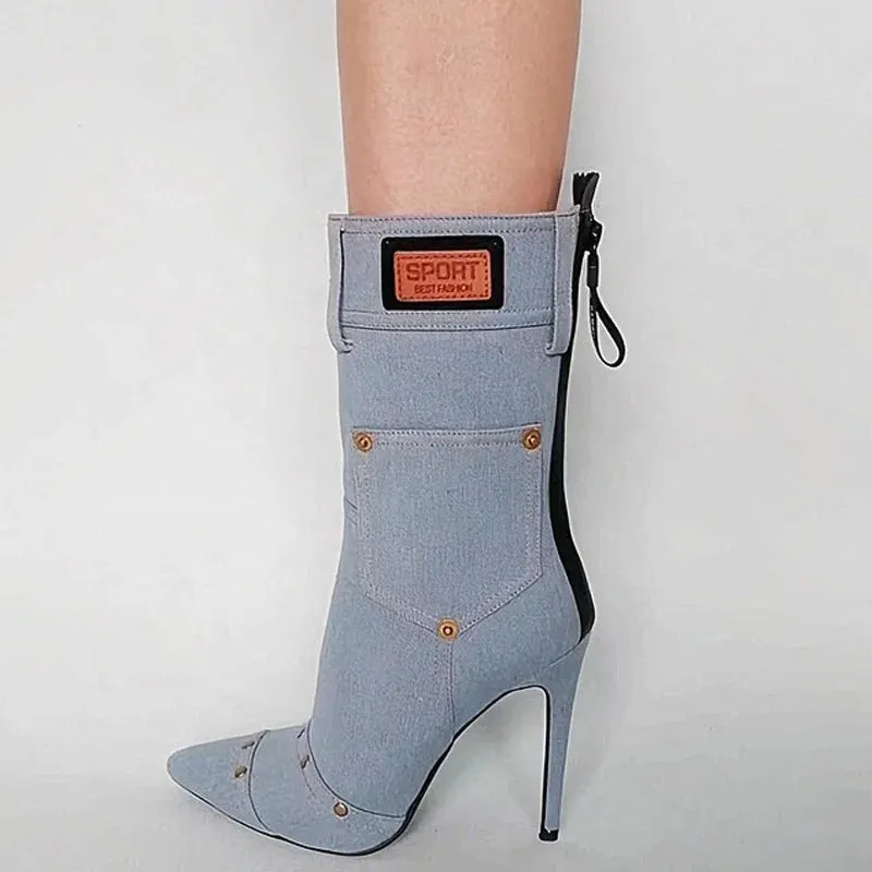 Trend4us Chic Denim Stiletto Ankle Boots