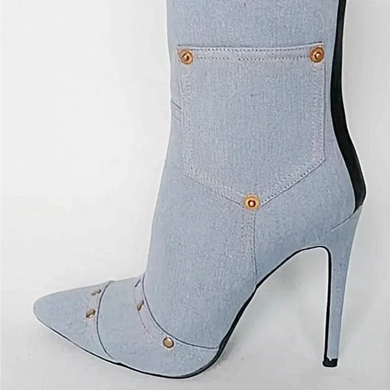 Trend4us Chic Denim Stiletto Ankle Boots