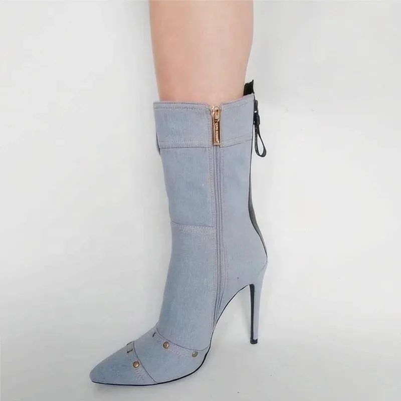 Trend4us Chic Denim Stiletto Ankle Boots