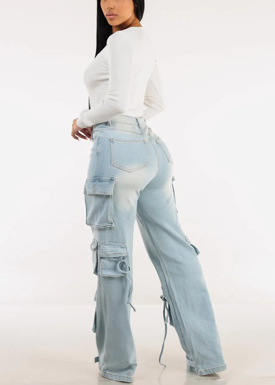 Ultra High Waist Stretch Utility Wide Leg Jeans Light Wash