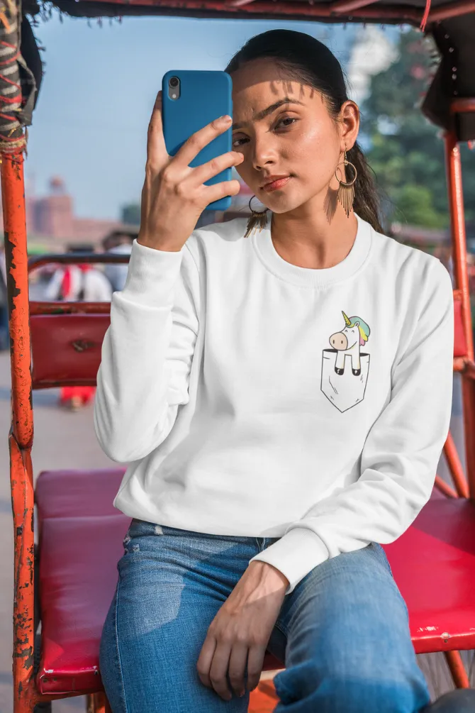 Unicorn In Pocket White Printed Sweatshirt for women