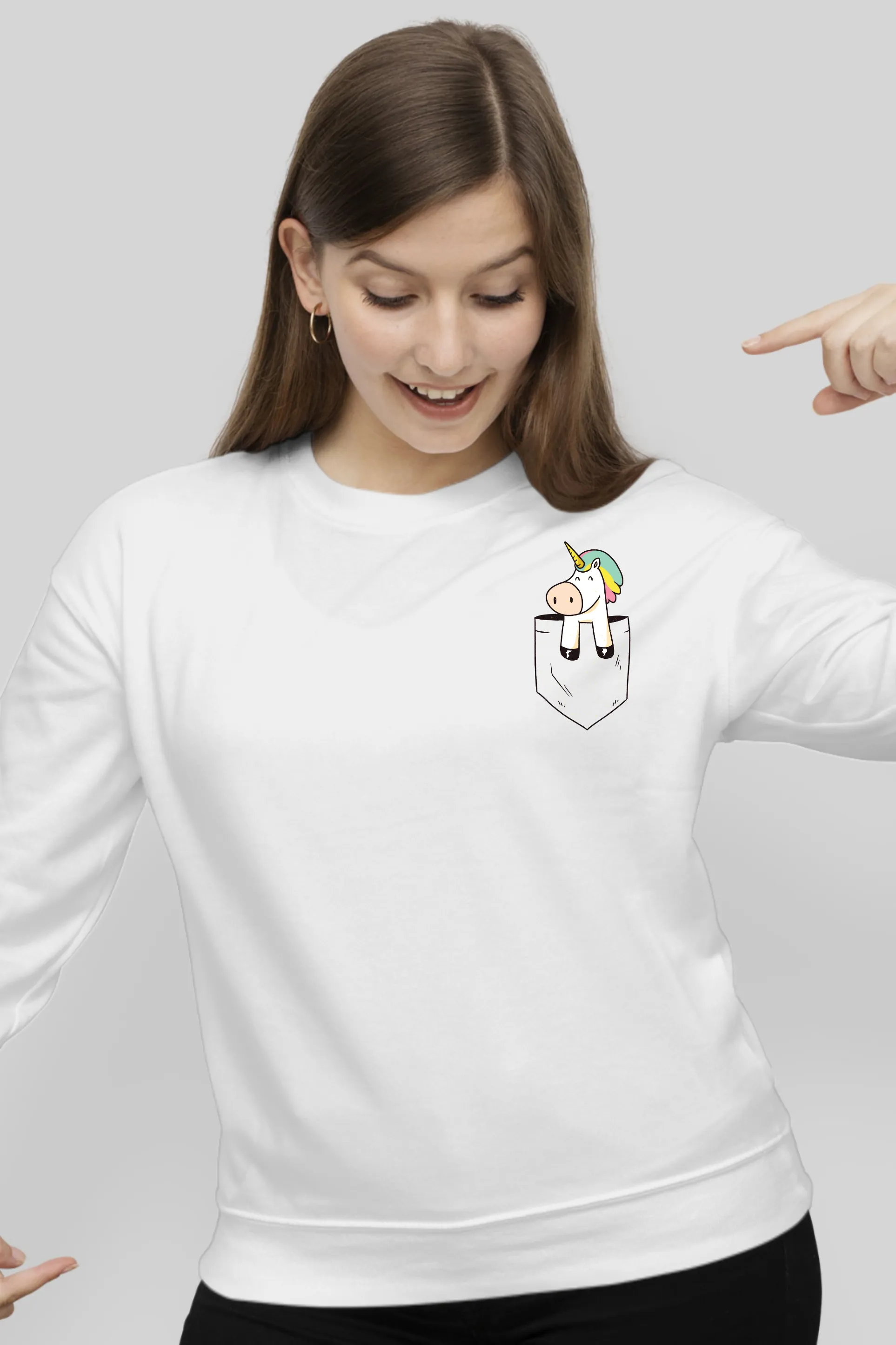 Unicorn In Pocket White Printed Sweatshirt for women