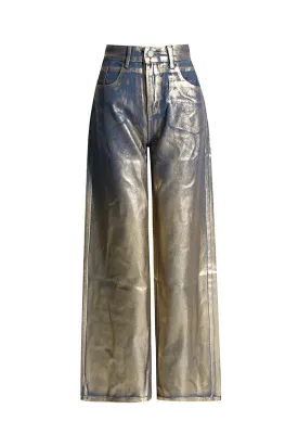 Unique Metallic Foil Coated Blue and Gold High Waist Wide Leg Baggy Jeans