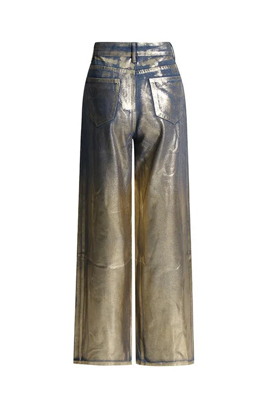 Unique Metallic Foil Coated Blue and Gold High Waist Wide Leg Baggy Jeans