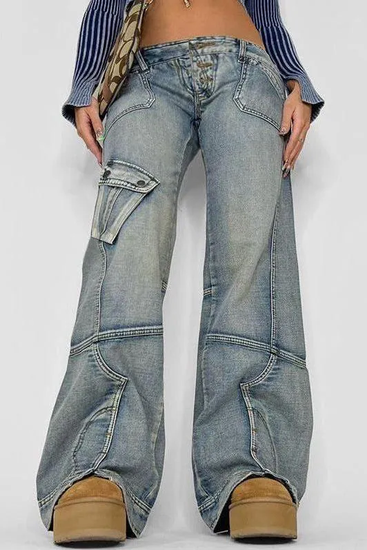 Washed Gradient Pocket Splicing Straight Jeans