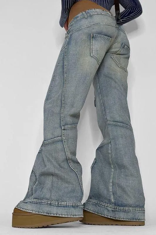 Washed Gradient Pocket Splicing Straight Jeans