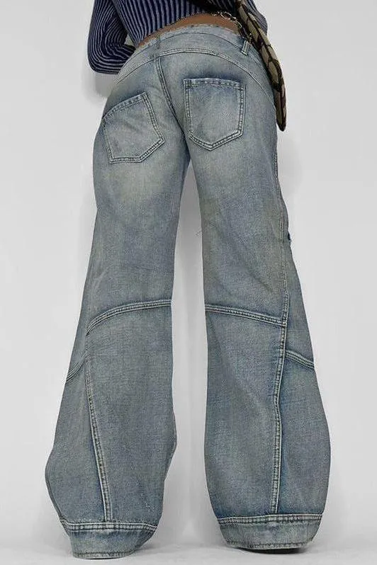 Washed Gradient Pocket Splicing Straight Jeans