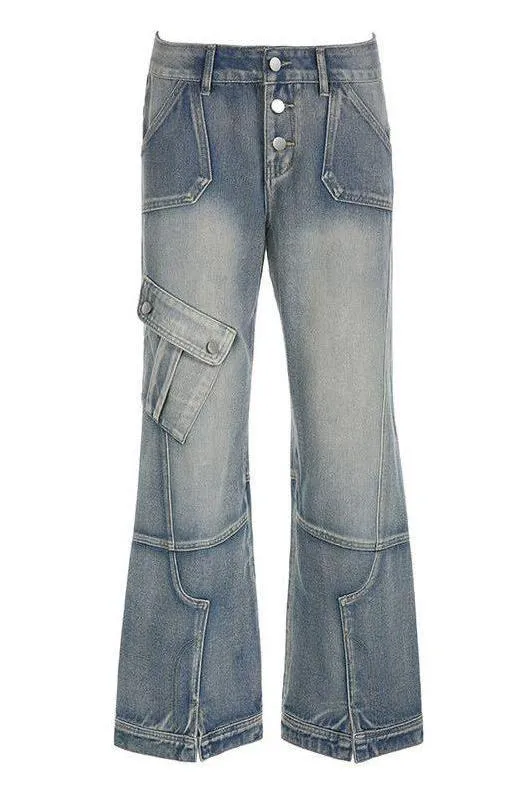 Washed Gradient Pocket Splicing Straight Jeans