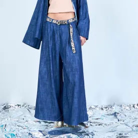 Wide-leg denim trousers with belt wholesale